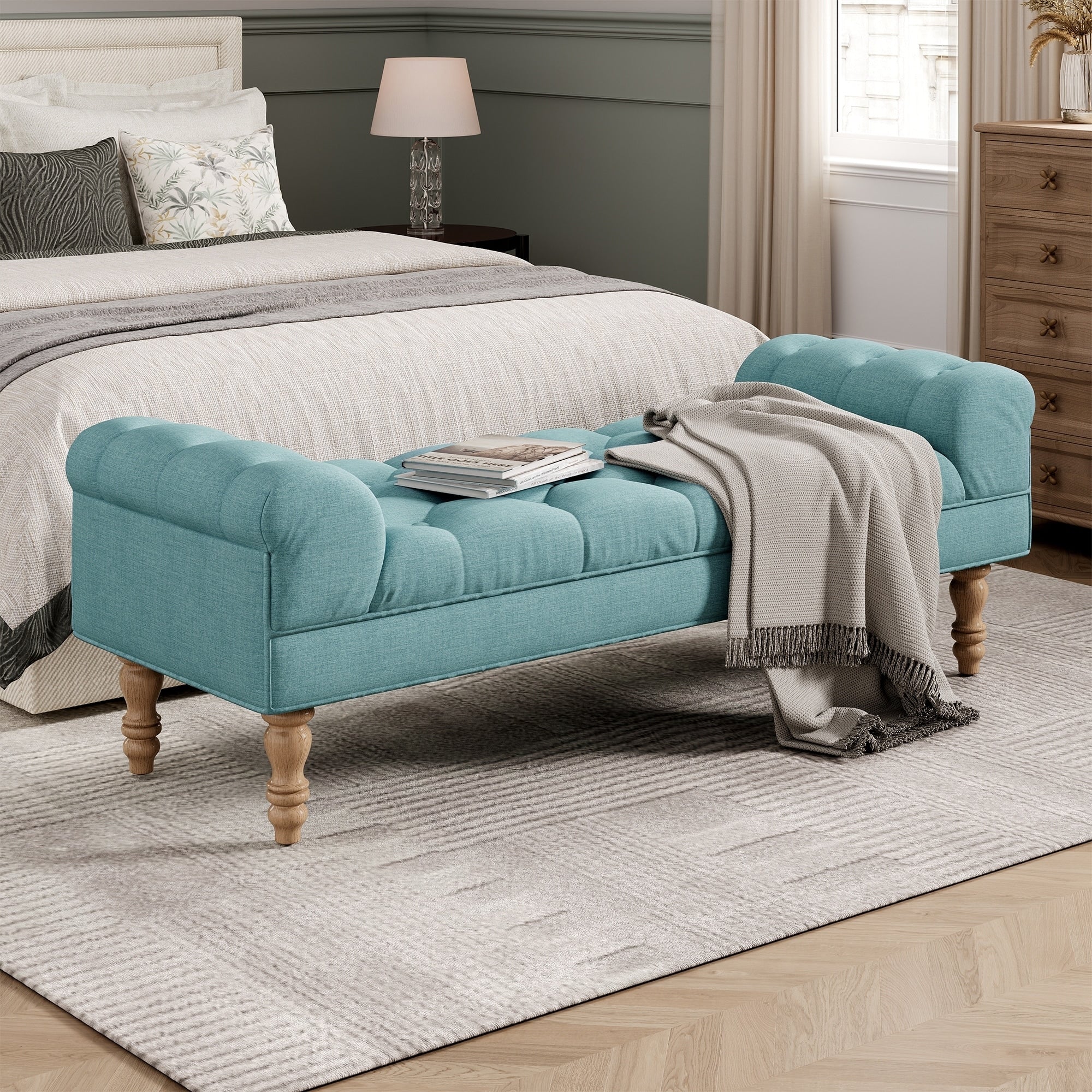 Pink Button Tufted Bed End Ottoman Upholstered Fabric Bench For Bedroom Entryway