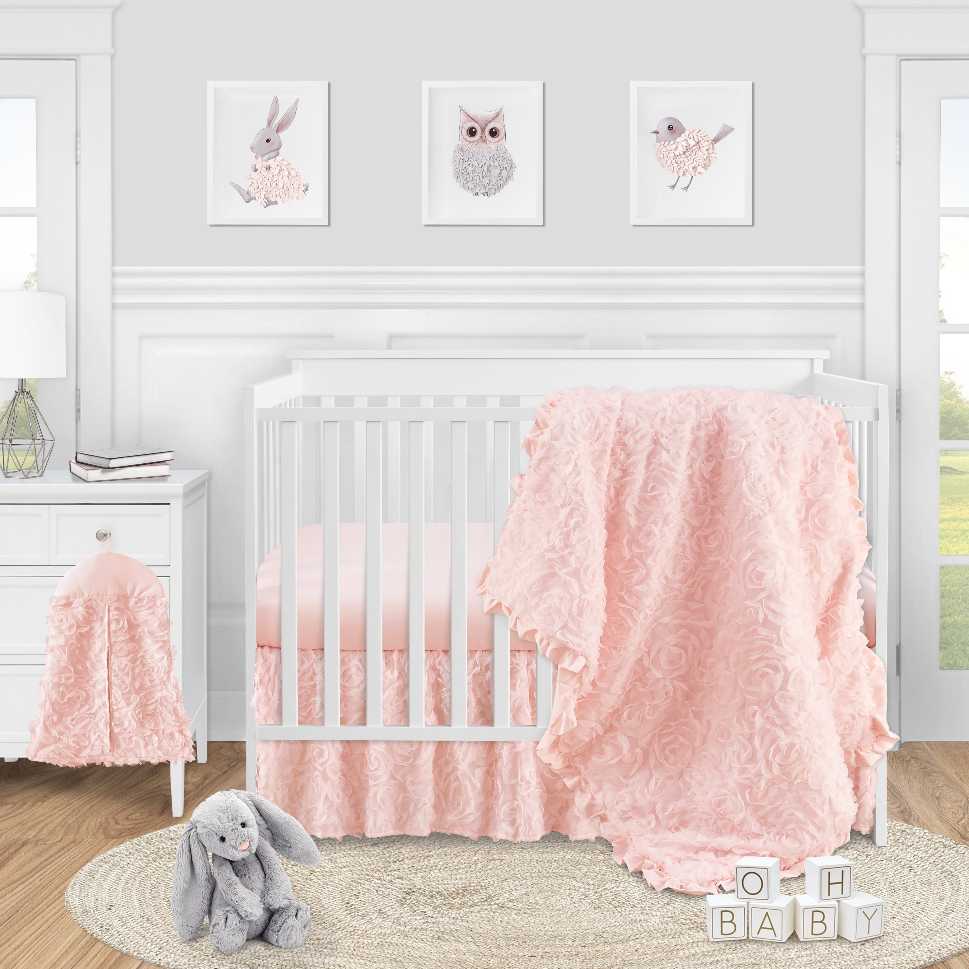 Pink Floral Rose Girl 4Pc Nursery Crib Bedding Set Light Blush Flower Luxurious Elegant Princess Vintage Boho Shabby Chic Glam