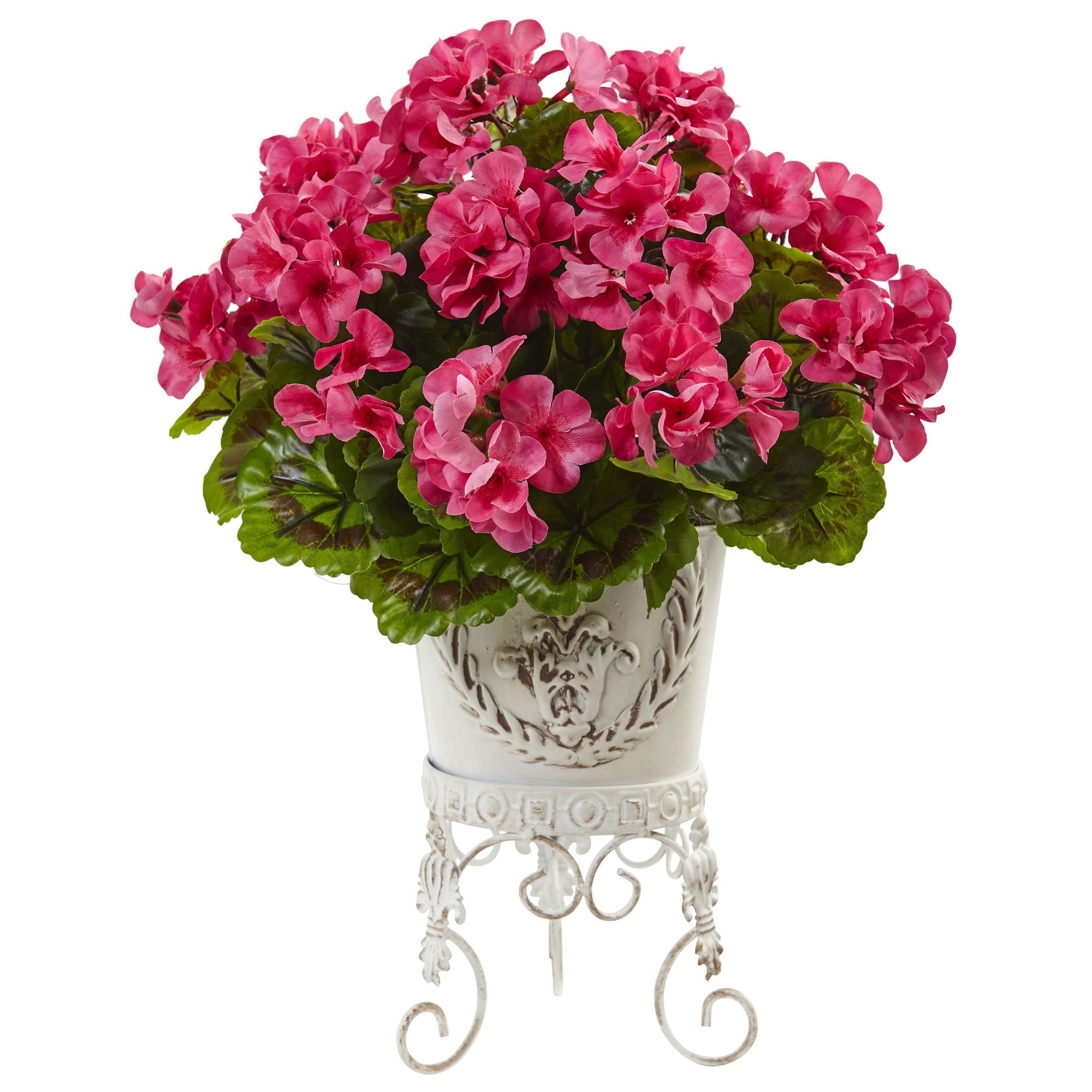 Nearly Natural Pink Silk Uv Resistant Indoor Outdoor Geranium With Metal Planter