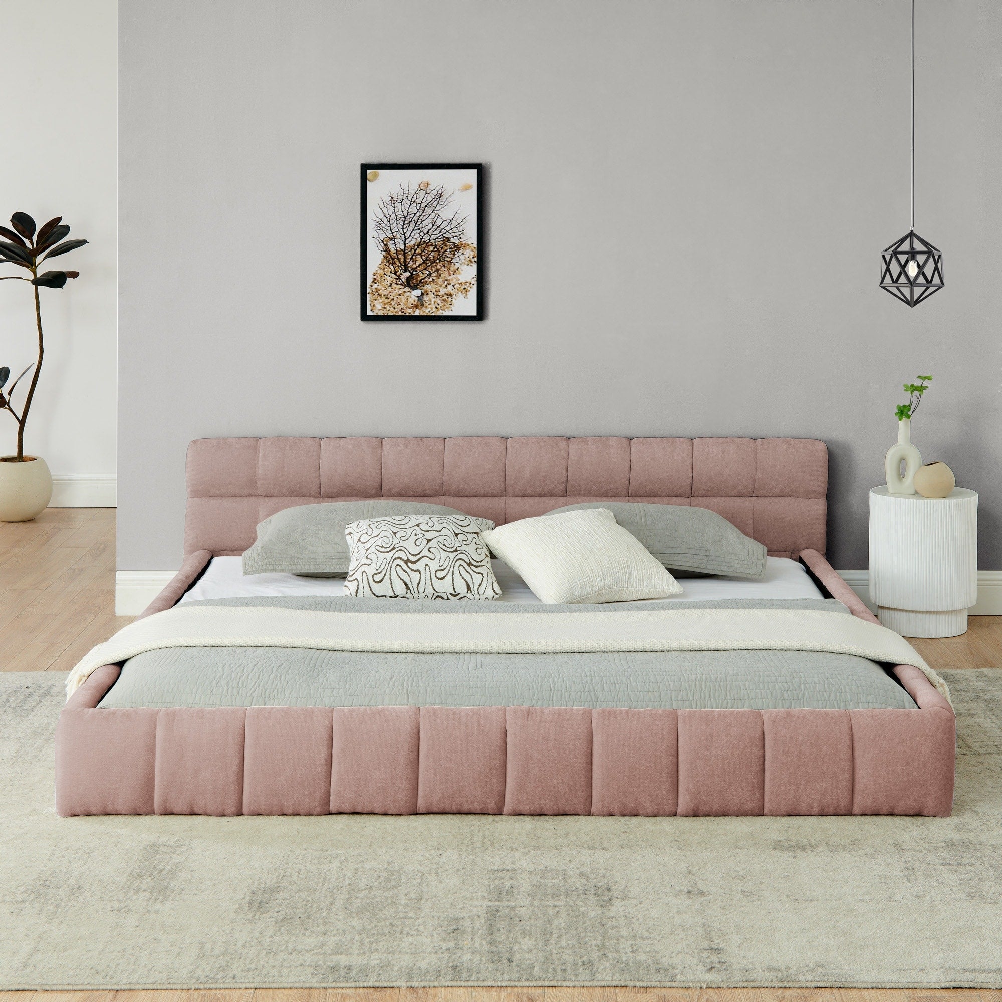 Pink King Size Upholstered Platform Bed Frame With Headboard