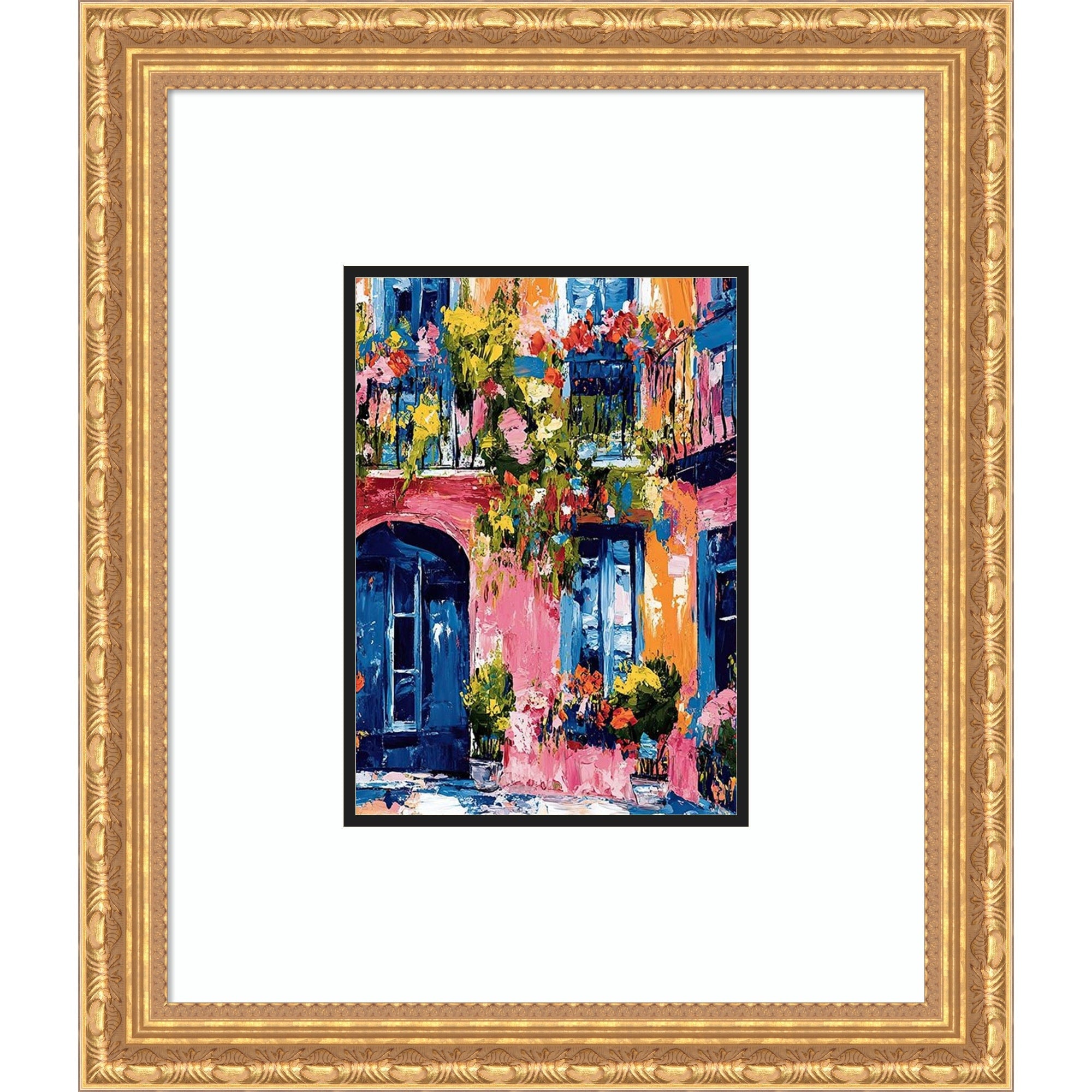 Pink Orange House Blue Door Flowers Impressionist Wood Framed Wall Art Print