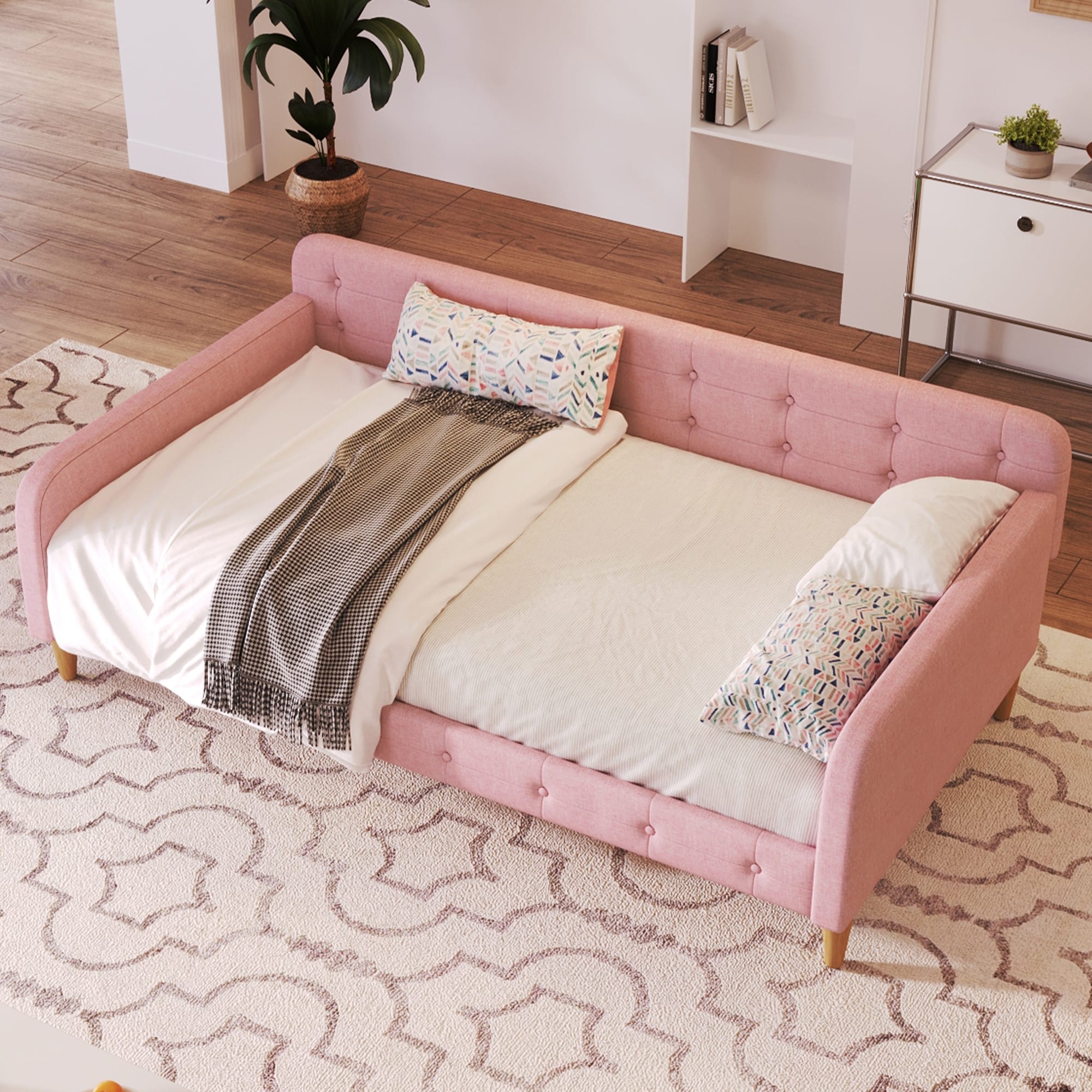 Pink Twin Size Upholstered Daybed With 4 Support Legs
