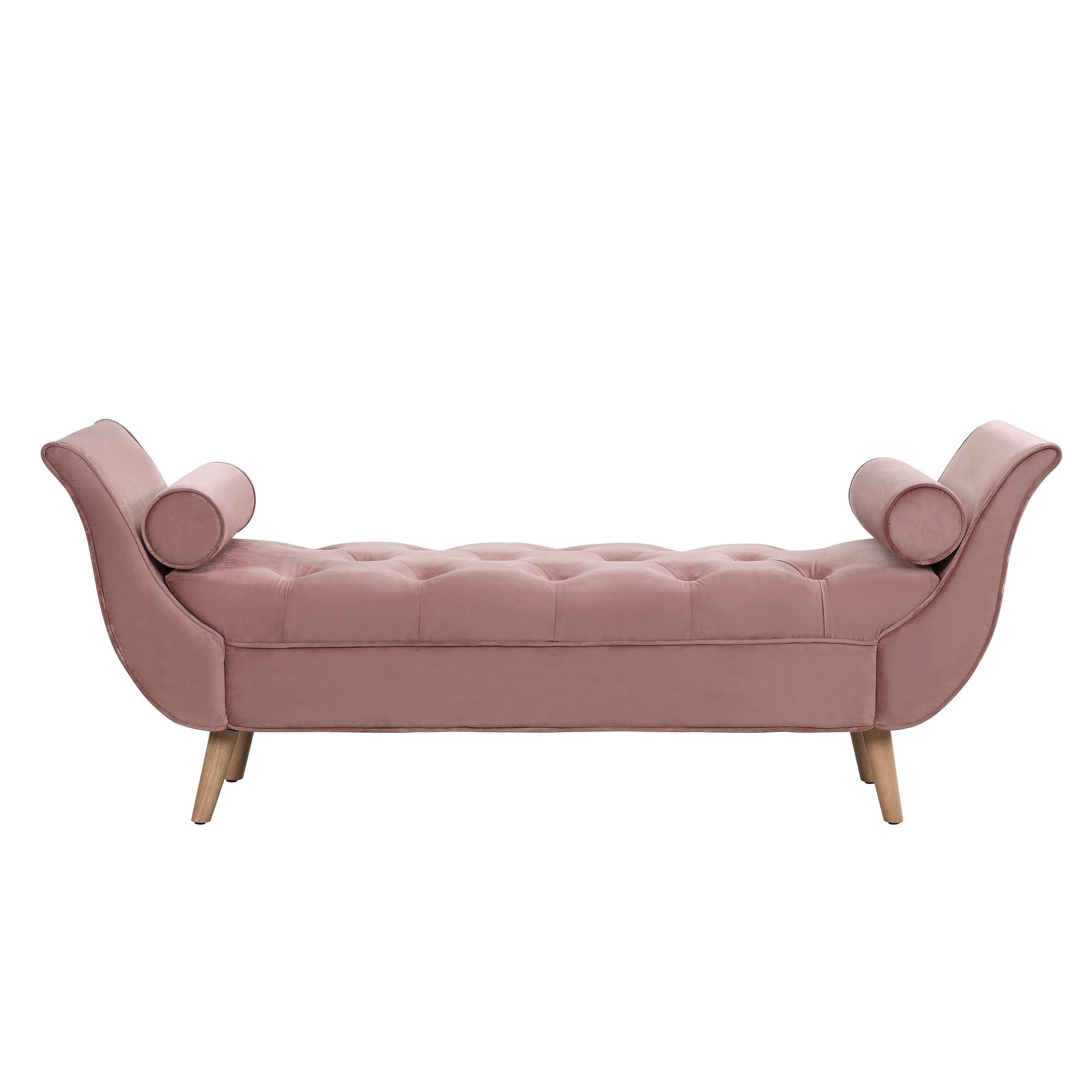 Pink Upholstered Velvet Bench End Of Bed Bench With 2 Pillows Button Tufted Ottoman Footstool With Rolled Arms