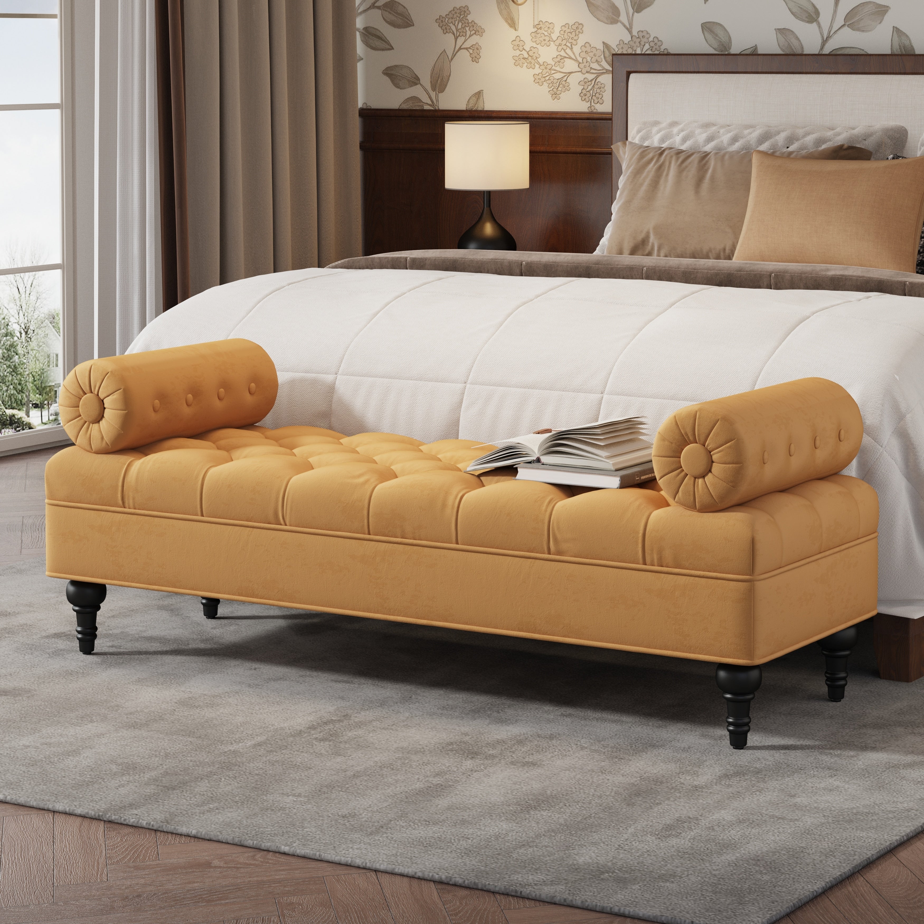 Pink Velvet Modern Ottoman Bench Comfy Bedroom Footstool With Detachable Pillows Rolled Arms