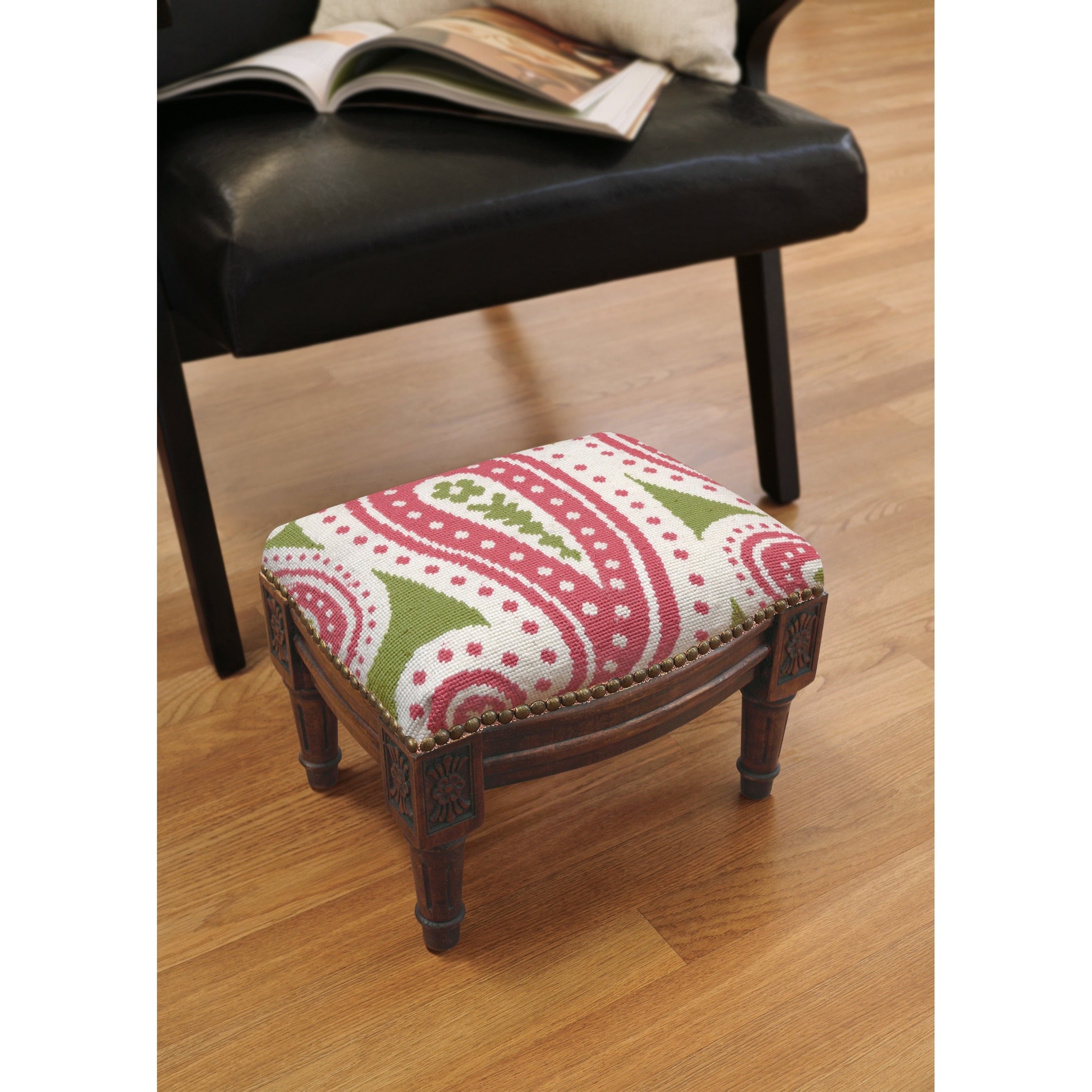 Pink And Green Paisley Needlepoint Footstool