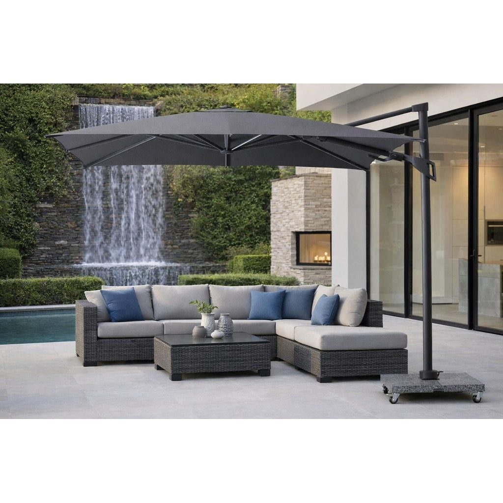 Piola Dark Grey 10 Ft. Square Aluminum Patio Cantilever Smoke Grey Fabric Umbrella With Granite Base