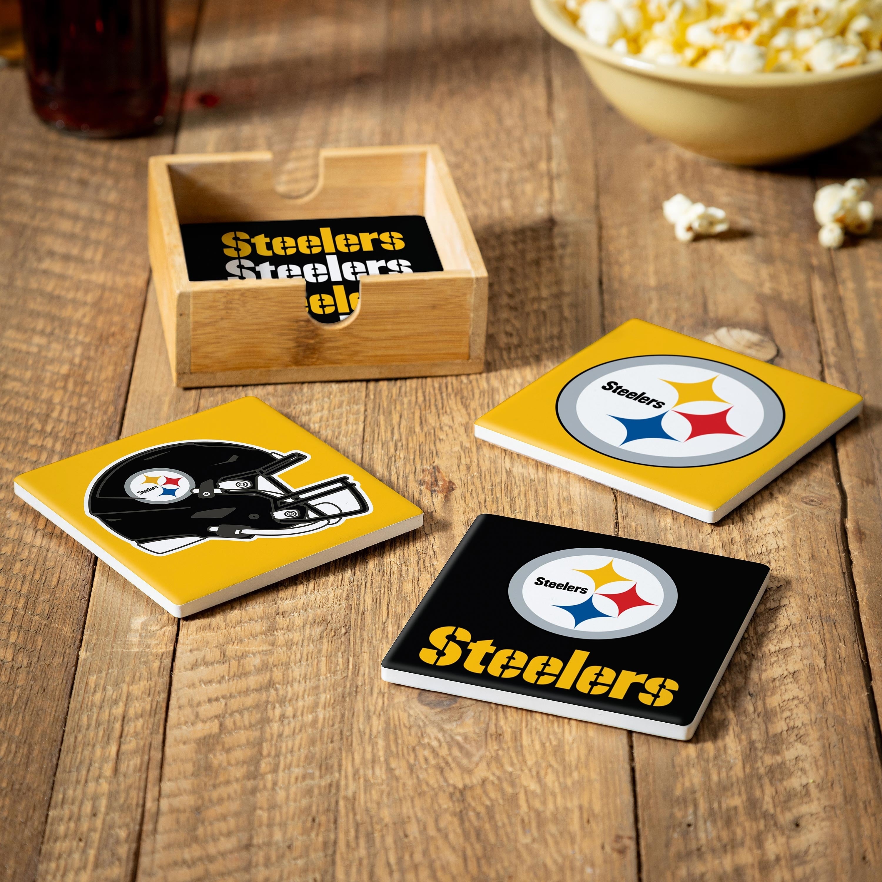 Pittsburgh Steelers 4 Piece Ceramic Coasters Set With Wood Caddy