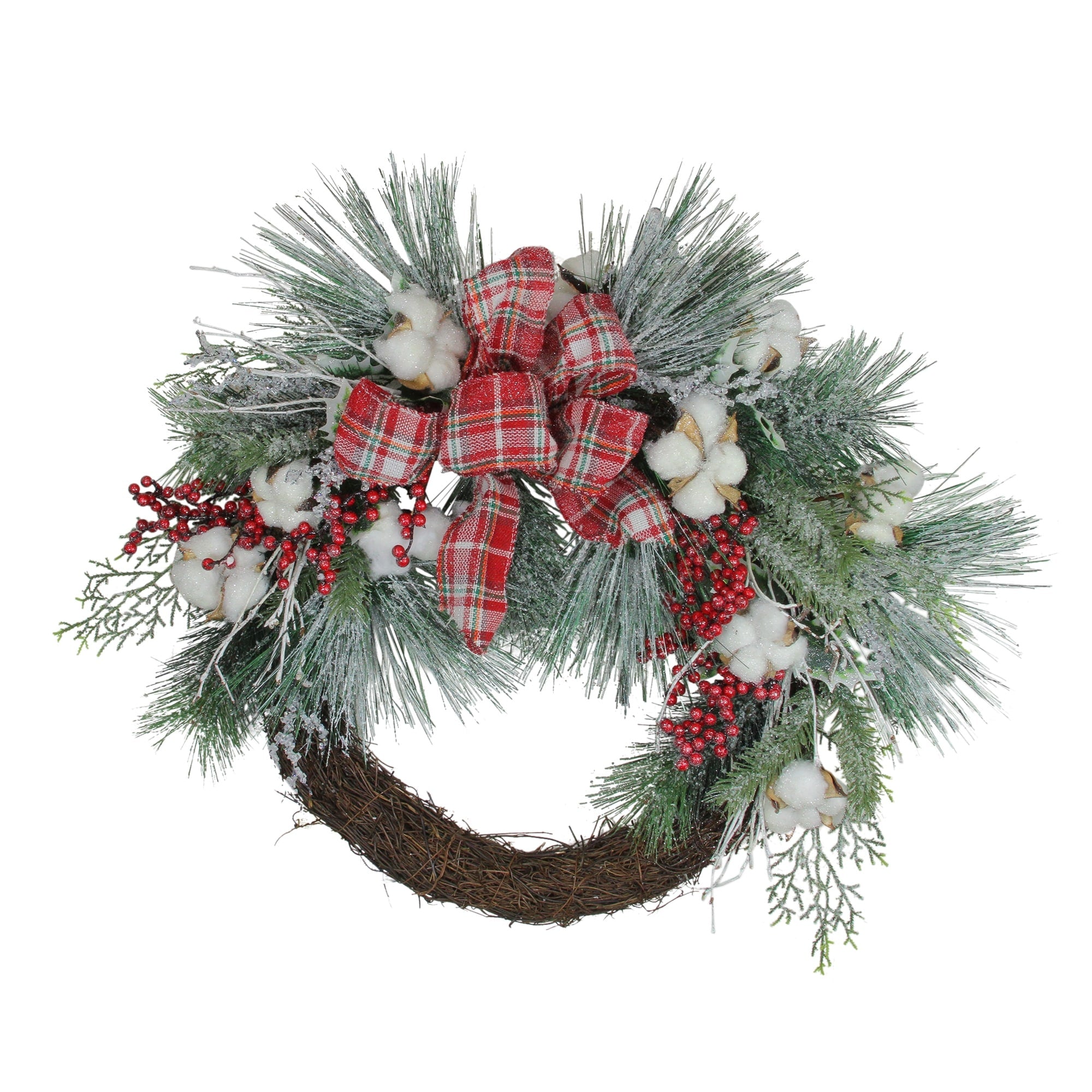 Plaid Glittered Cotton And Holly Berry Artificial Christmas Wreath 24 Inch Unlit