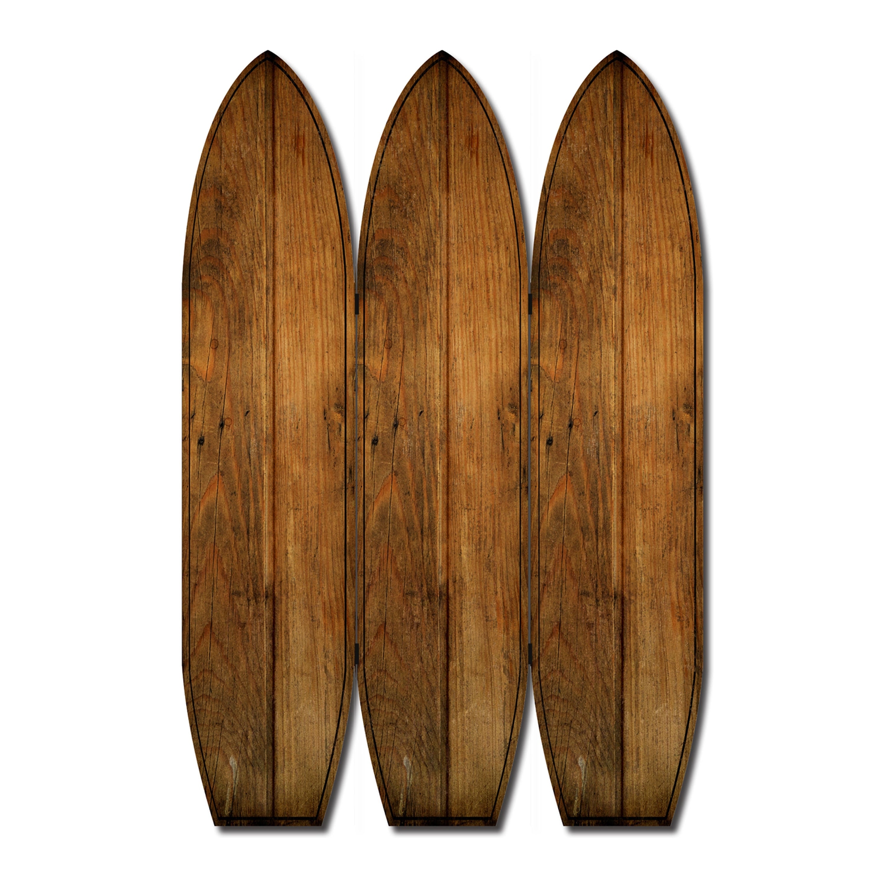 Plank Style Surfboard Shaped 3 Panel Wooden Room Divider Brown