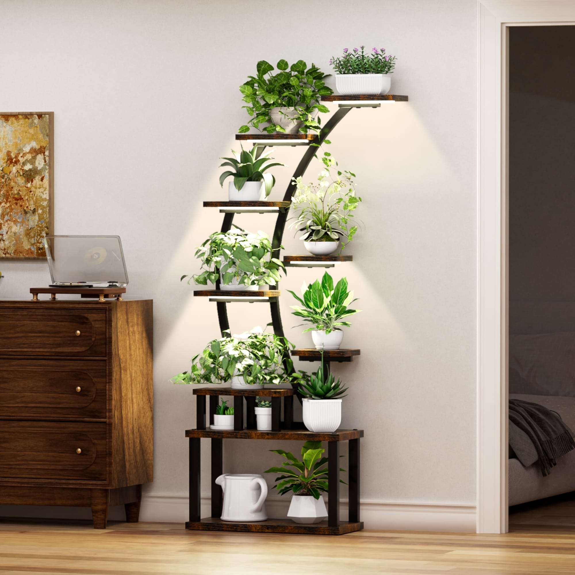 Plant Stand Indoor 9 Tiered 63.6 H Plant Stand With 5 Grow Lights Adjustable Lighting Modes 10 Level Dimming 3 Timer Settings