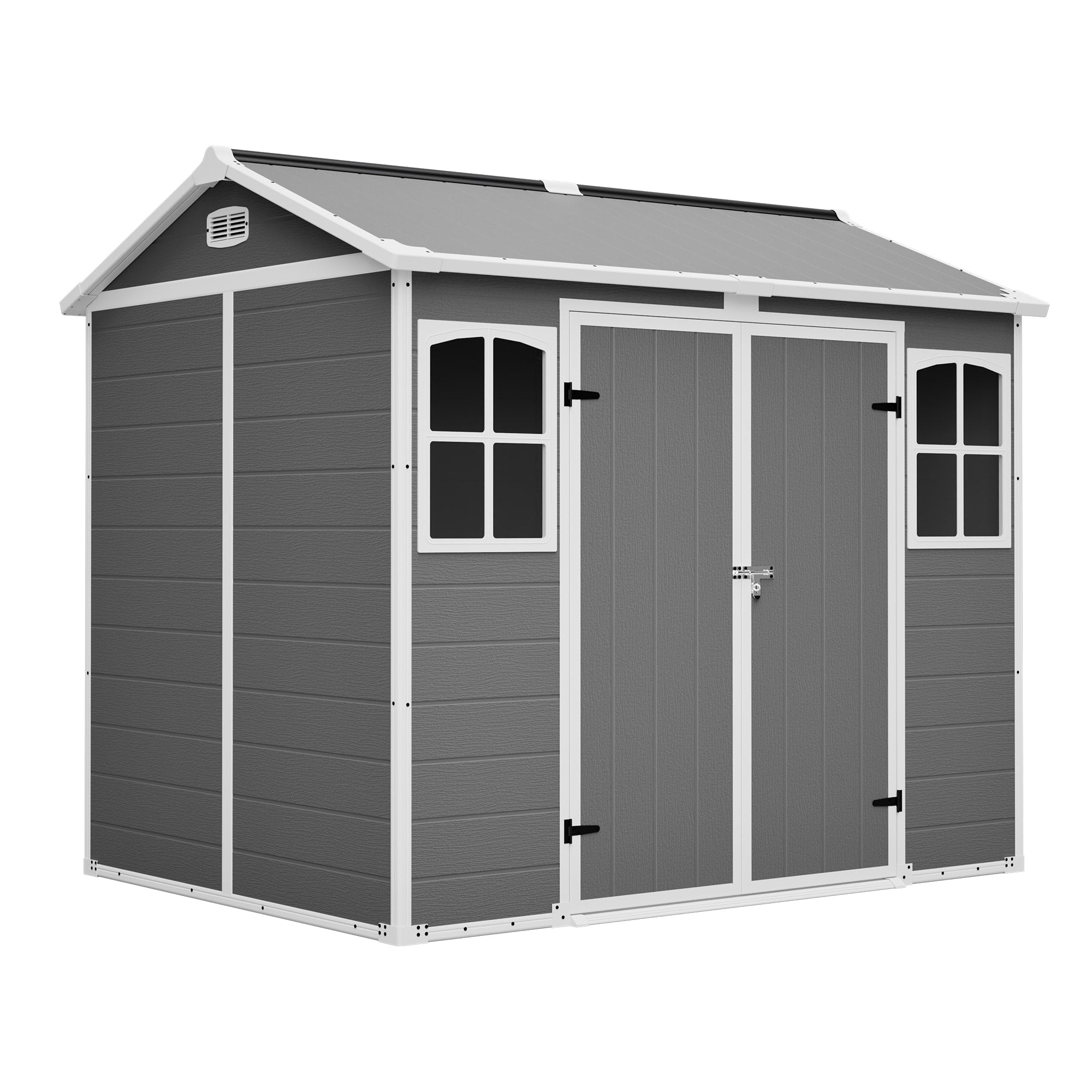 Plastic Utility Shed 8X6 Ft With Floor Lockable Storage Shed Tools Trash Bins All Weather Outdoor Organizer In Gray White