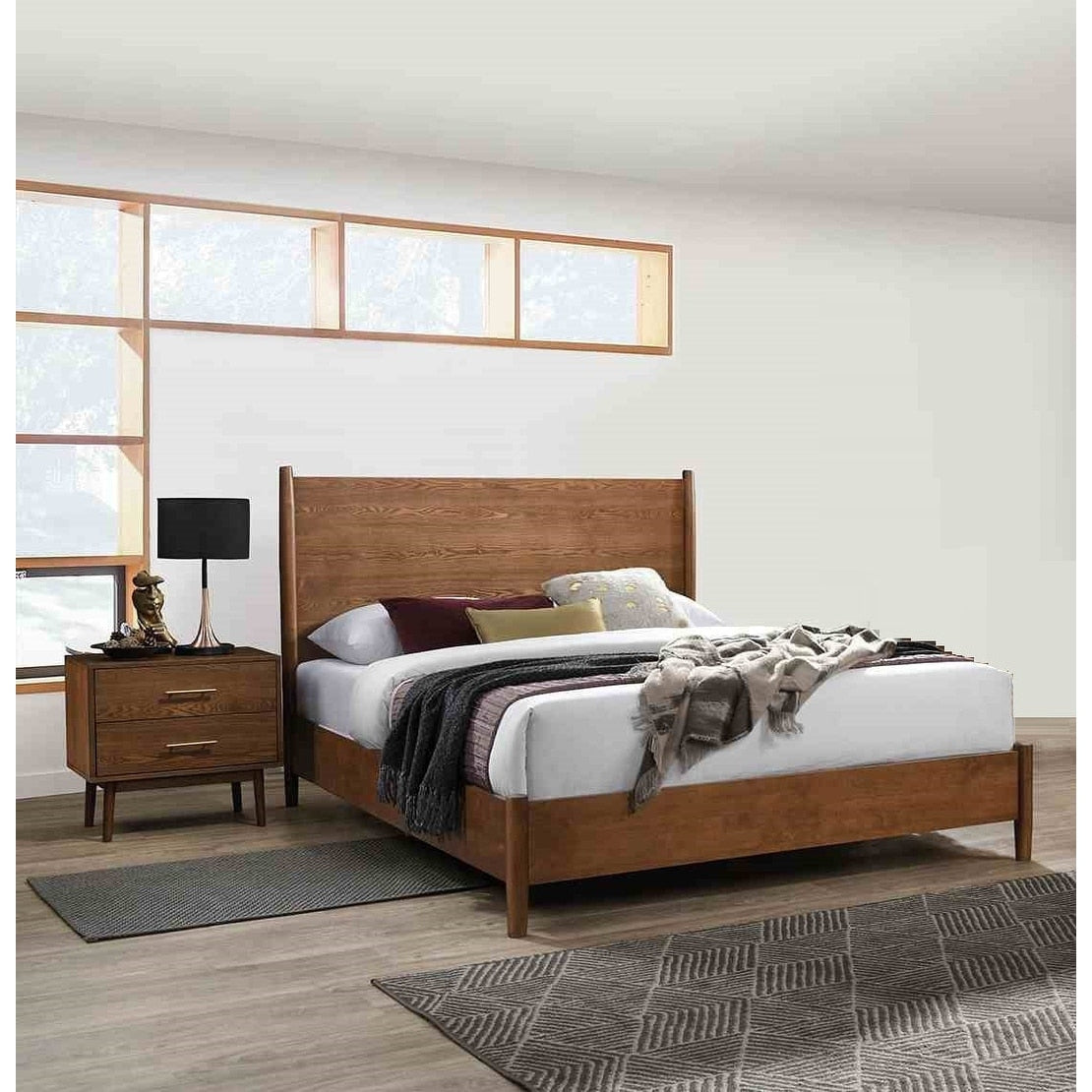 Platform Bed 2X Nightstands Walnut Finish Modern Bedroom Set 3Pc