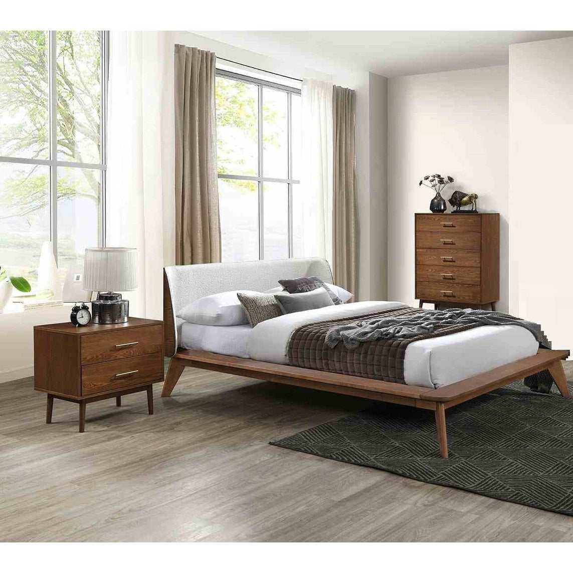 Platform Bed Nightstand Chest Walnut Finish Solid Wood 3Pc Bedroom Set
