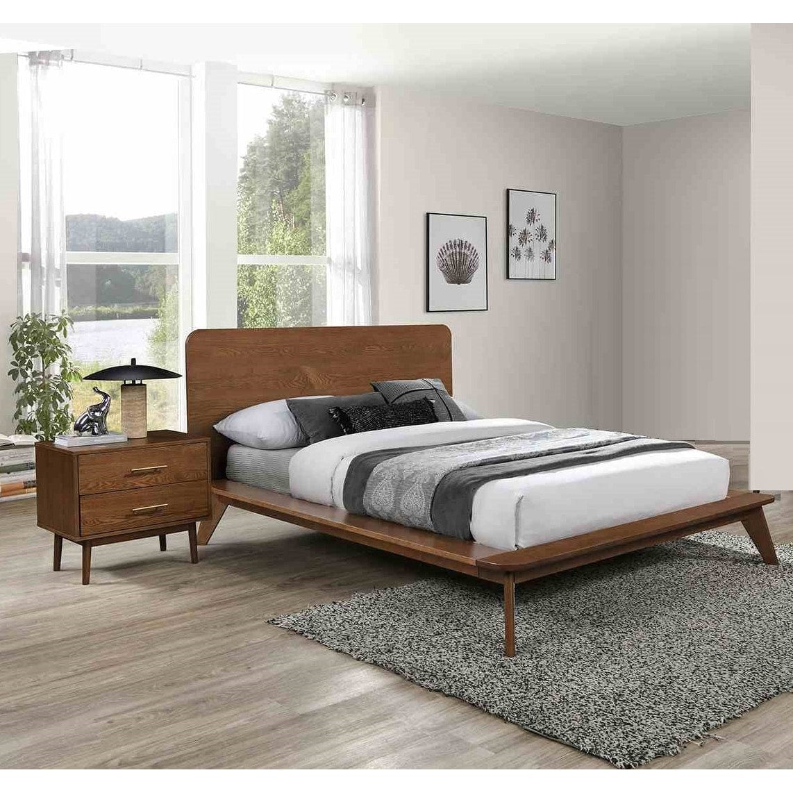 Platform Bed Two Nightstands Walnut Finish Solid Wood 3Pc Bedroom Set