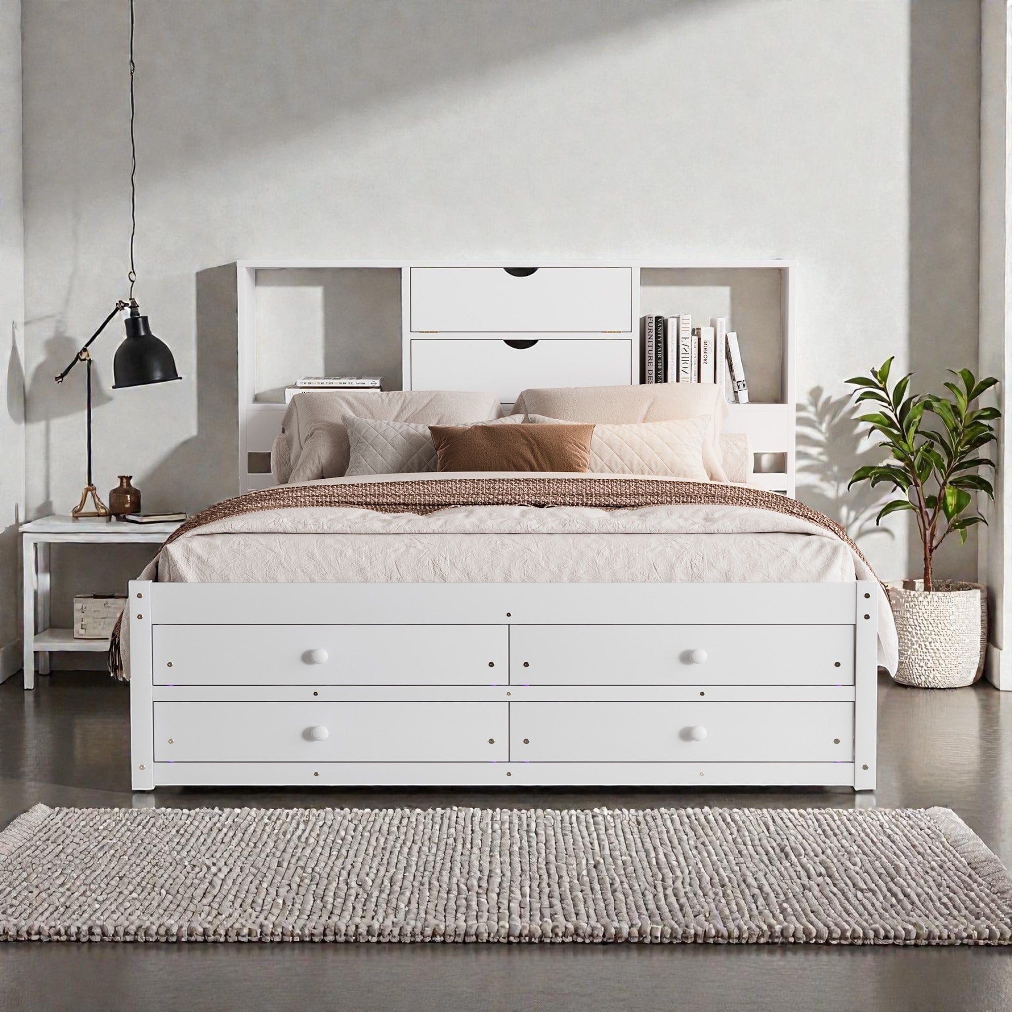Platform Bed With Headboard Storage And 8 Drawers Wood Bed Frame With Shelves And No Box Spring Needed