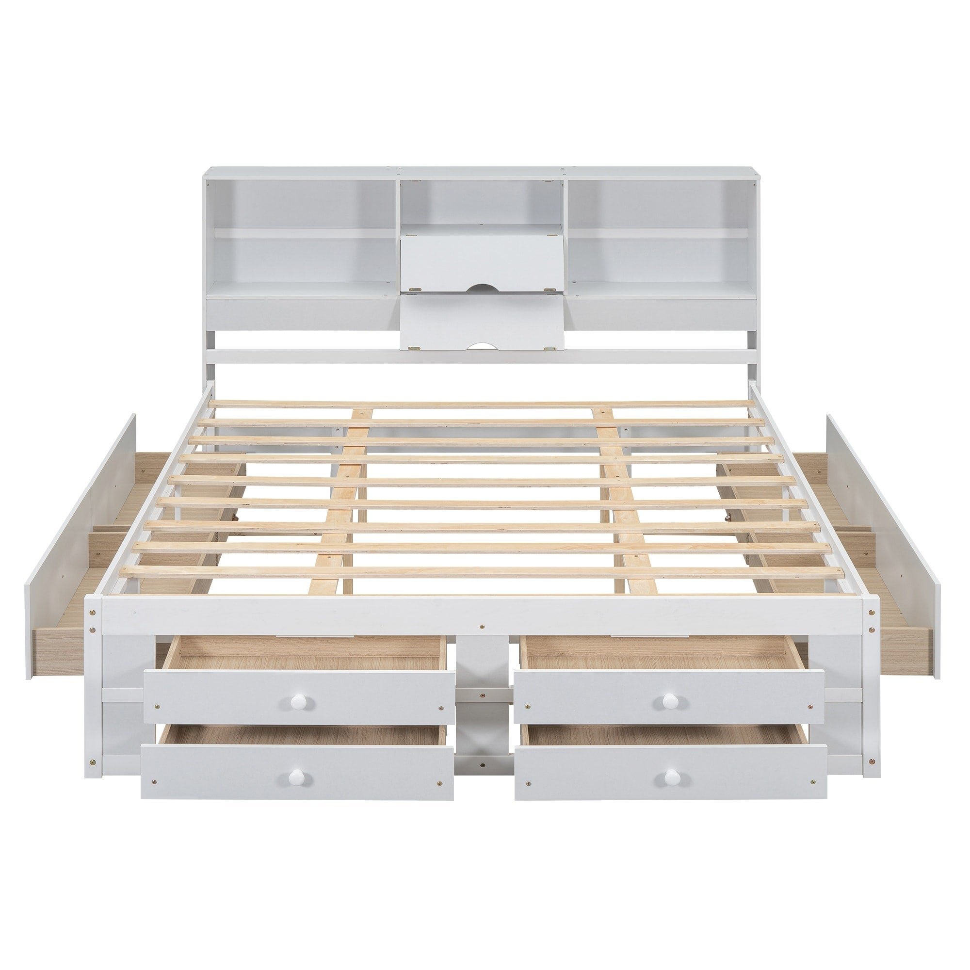 Queen King Platform Bed With Storage Headboard And 8 Drawers Sturdy Pine Wood Construction