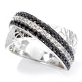 Pinctore Platinum Over Sterling Silver Black Spinel And White Zircon Animal Print Textured Band Ring