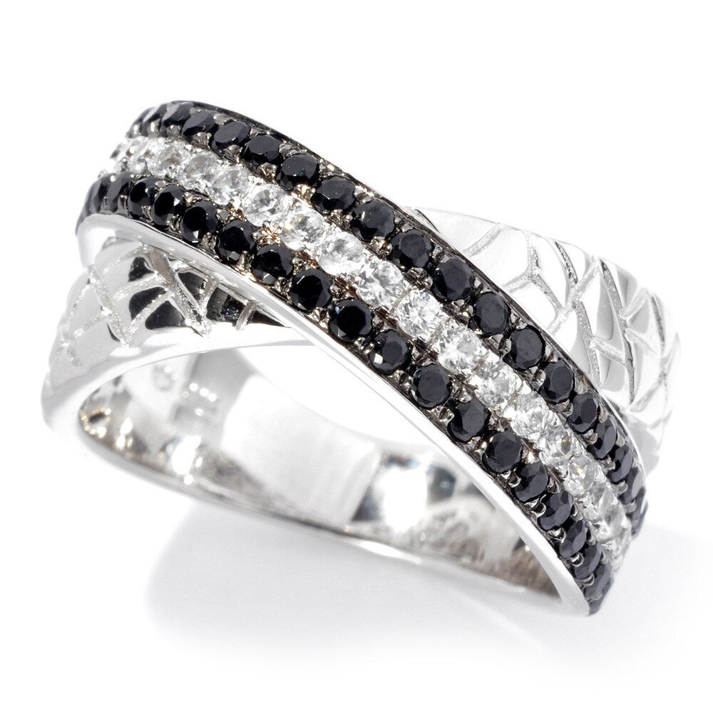 Pinctore Platinum Over Sterling Silver Black Spinel And White Zircon Animal Print Textured Band Ring