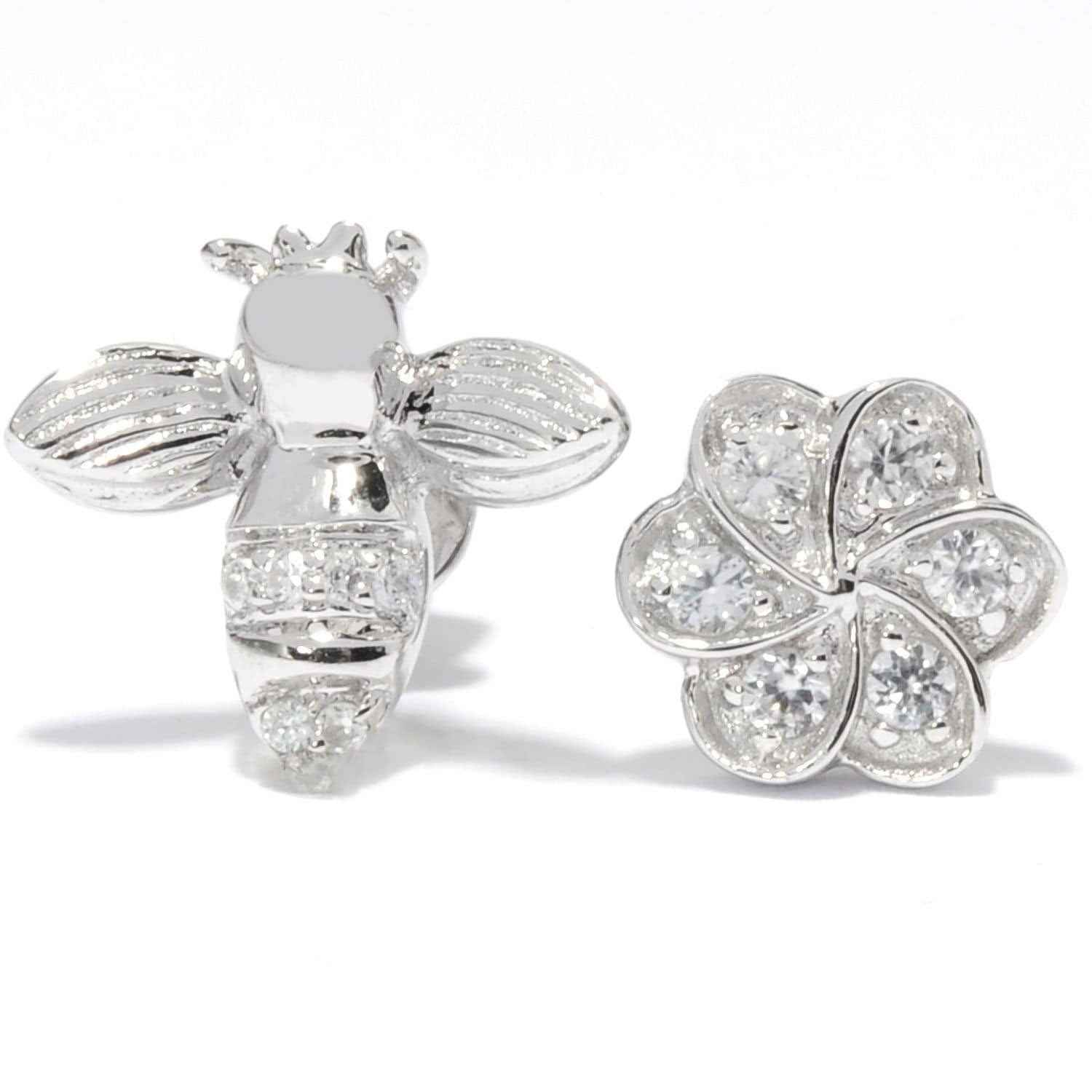 Pinctore Platinum Oversilver White Zircon Flower And Bee Stud Earrings