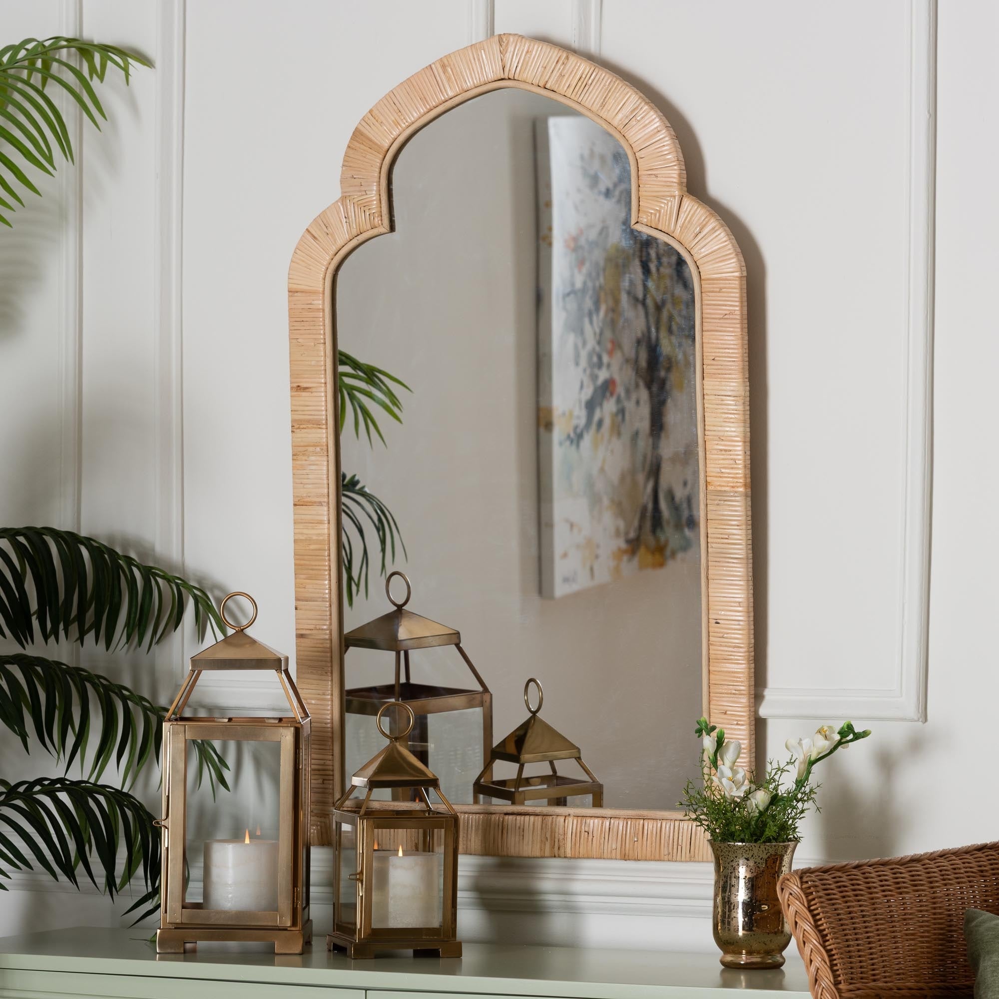 Plautilla Natural Rattan Arched Wall Mirror Decorative Hand Wrapped Wicker Accent Mirror For Entryway Bedroom Or Living Room