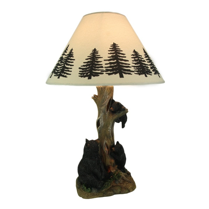 Playful Pals Black Bear Family Climbing Tree Table Lamp W Pine Tree Shade Brown