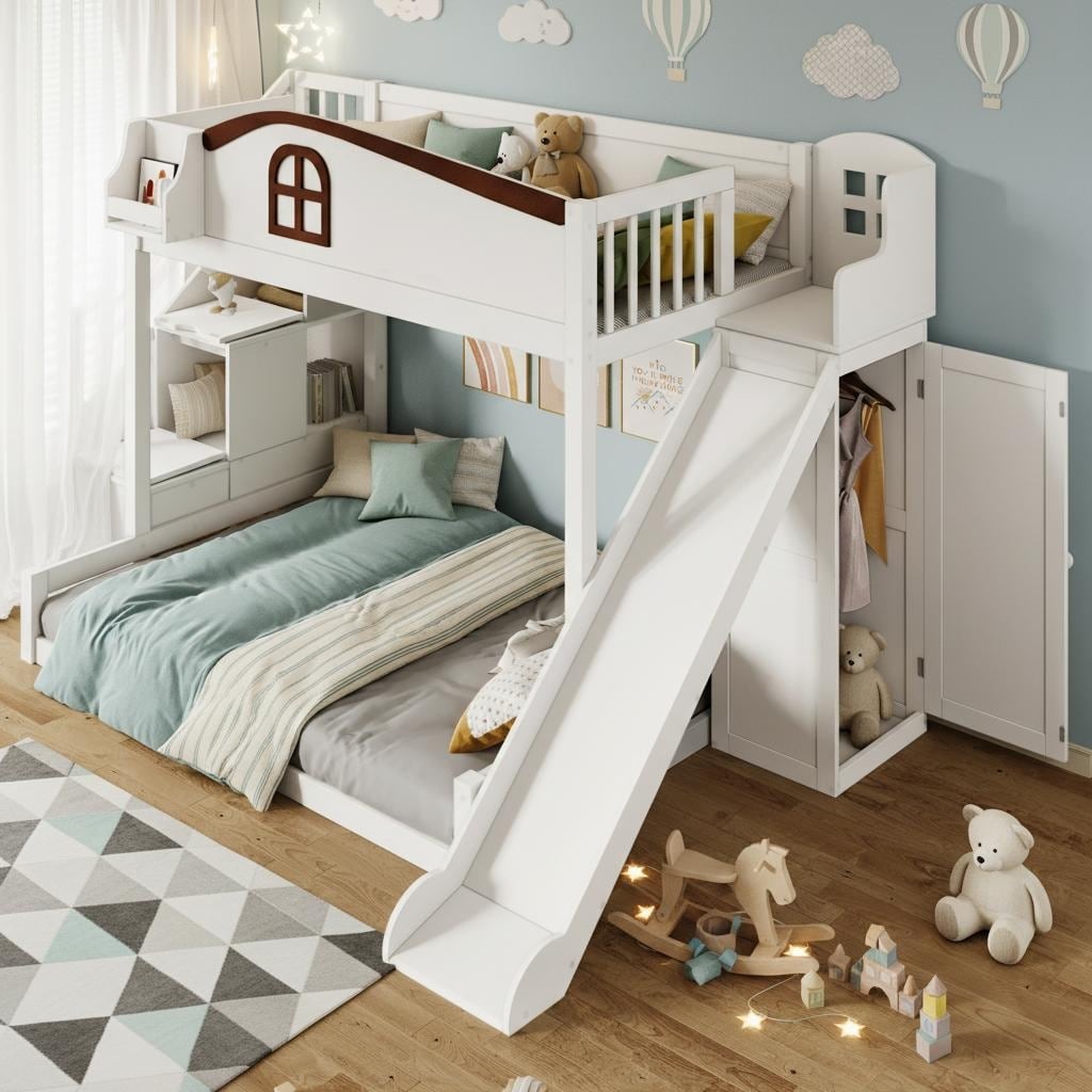 Playhouse Inspired Twin Over Full Bunk Bed With Slide Storage Staircase Wardrobe By Harper Bright Designs