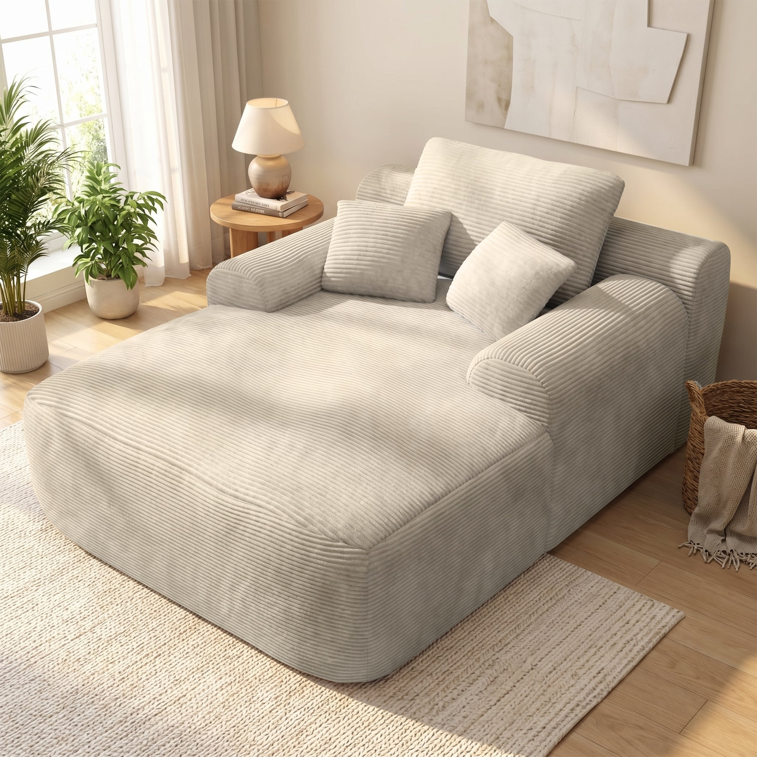 Plush Convertible Chaise Lounge Sofa Boneless Sleeper Chair With Wide Armrest Throw Pillows No Assembly Needed