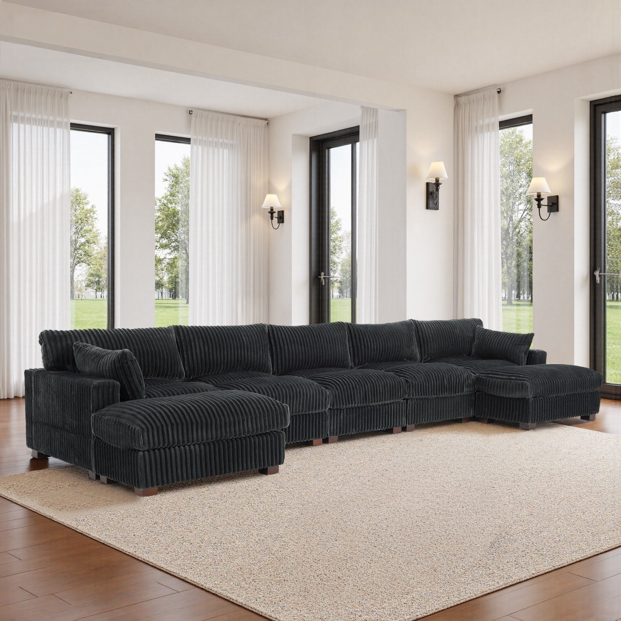 Plush Cotton Flannel Modular Sectional Sofa With 2 Ottomans