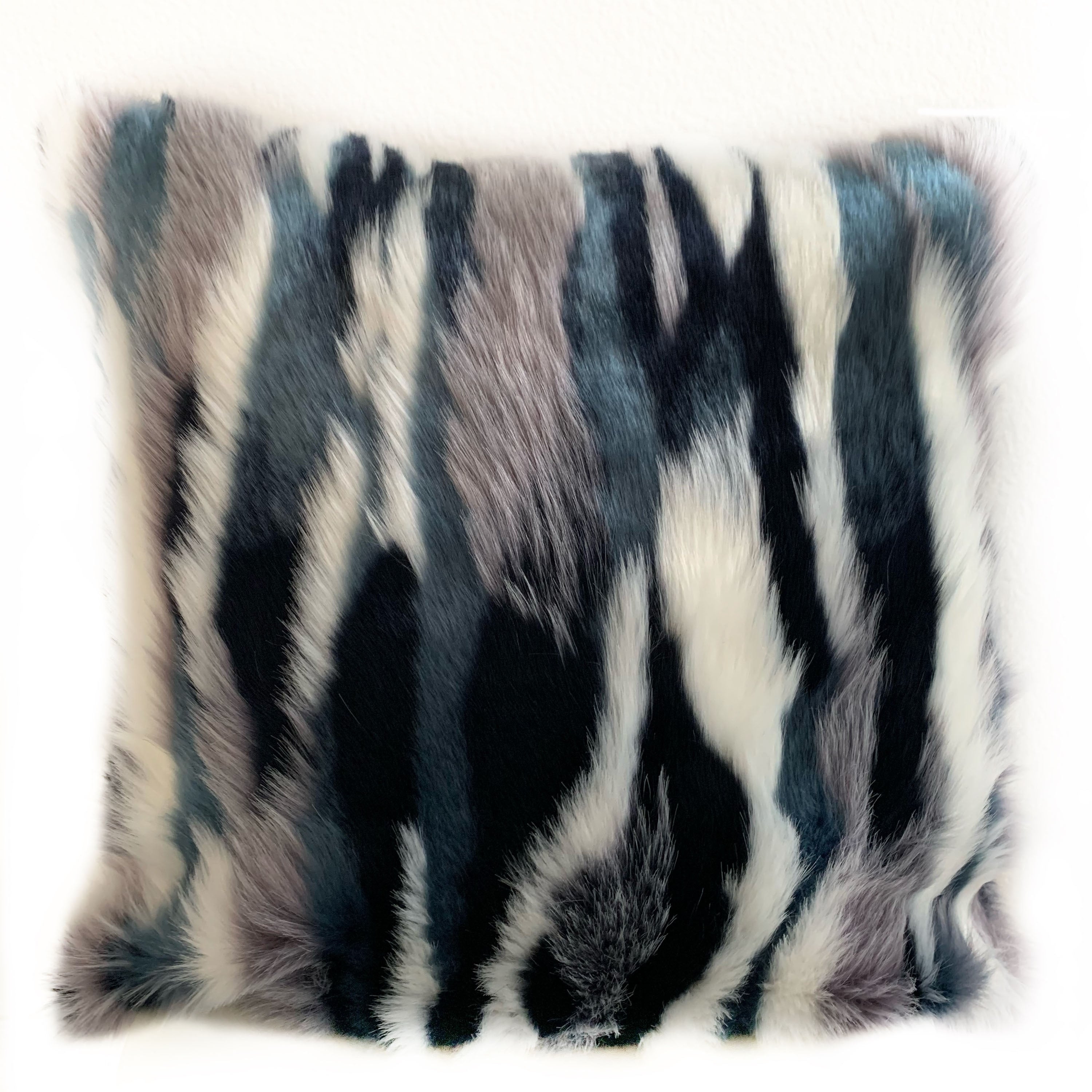 Plutus Blue Black White Fancy Animal Faux Fur Luxury Throw Pillow