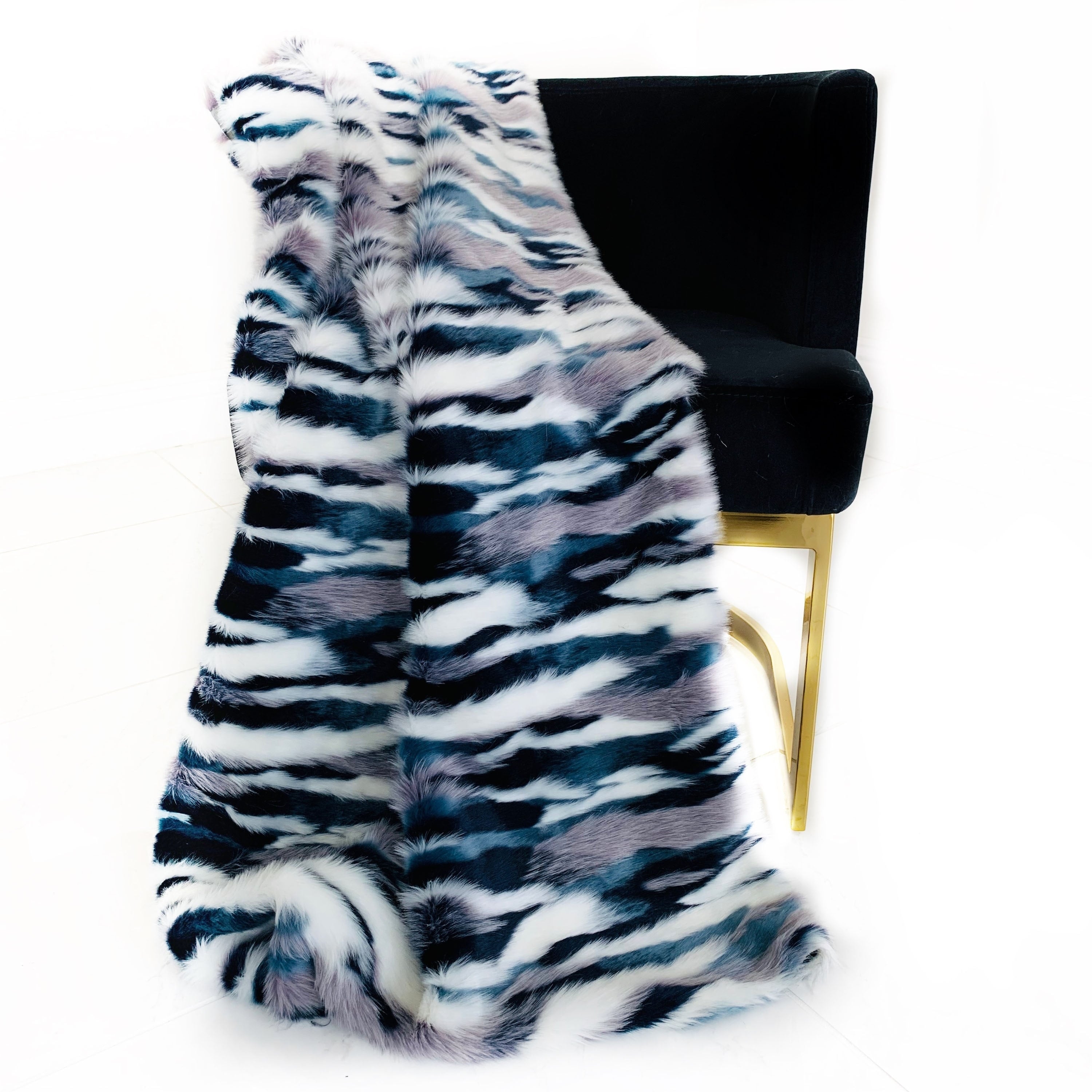 Plutus Blue Black White Fancy Faux Fur Luxury Throw Blanket