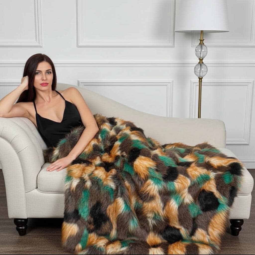Plutus Multi Color Fancy Feather Faux Fur Luxury Throw Blanket