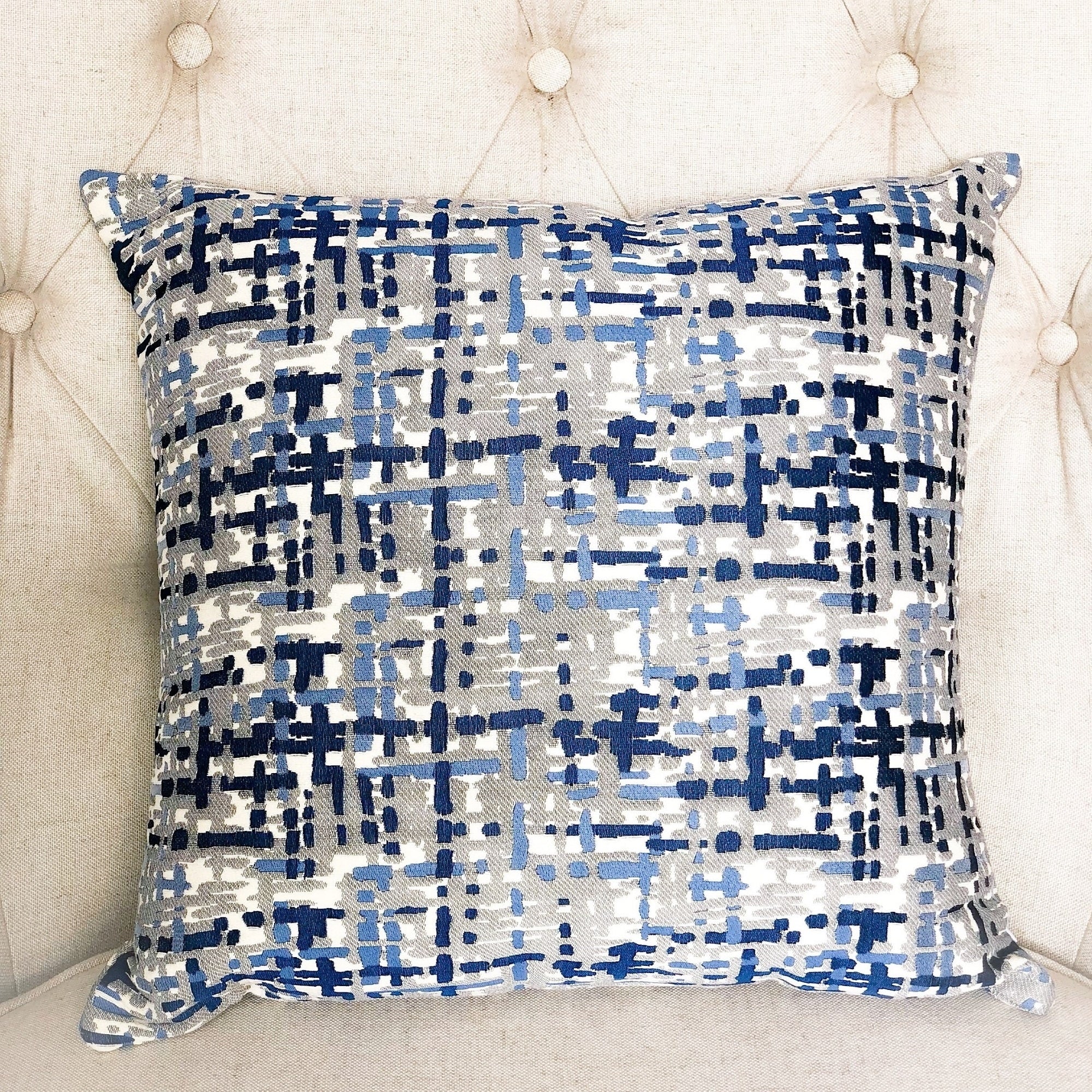 Plutus Tierra Monte Plaid Navy Blue And Gray Handmade Luxury Pillow