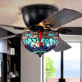 Pluvey 52 Inch Flushmount Lighted Ceiling Fan Blue Red Draginfly Tiffany Glass Lamp Black Finish