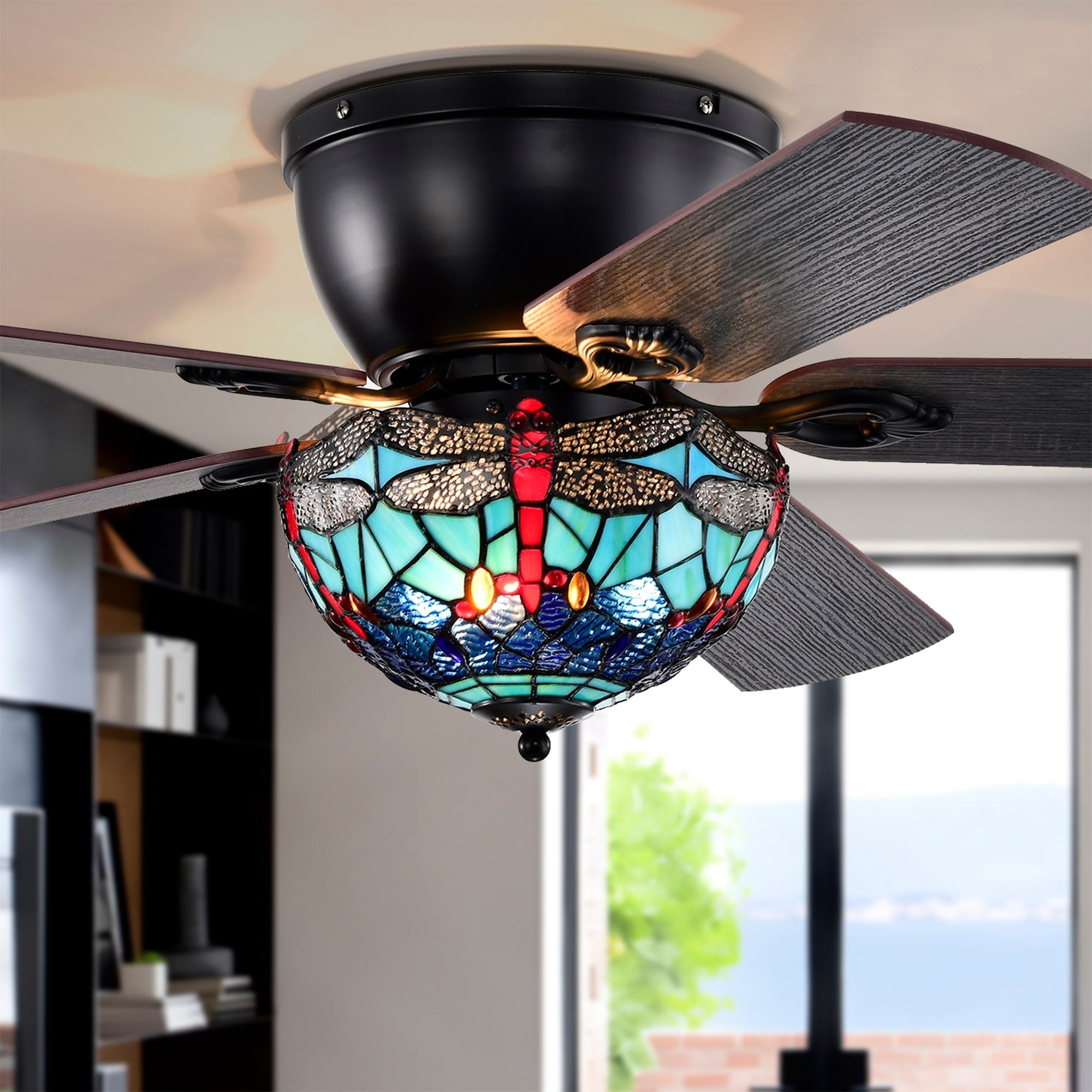 Pluvey 52 Inch Flushmount Lighted Ceiling Fan Blue Red Draginfly Tiffany Glass Lamp Black Finish