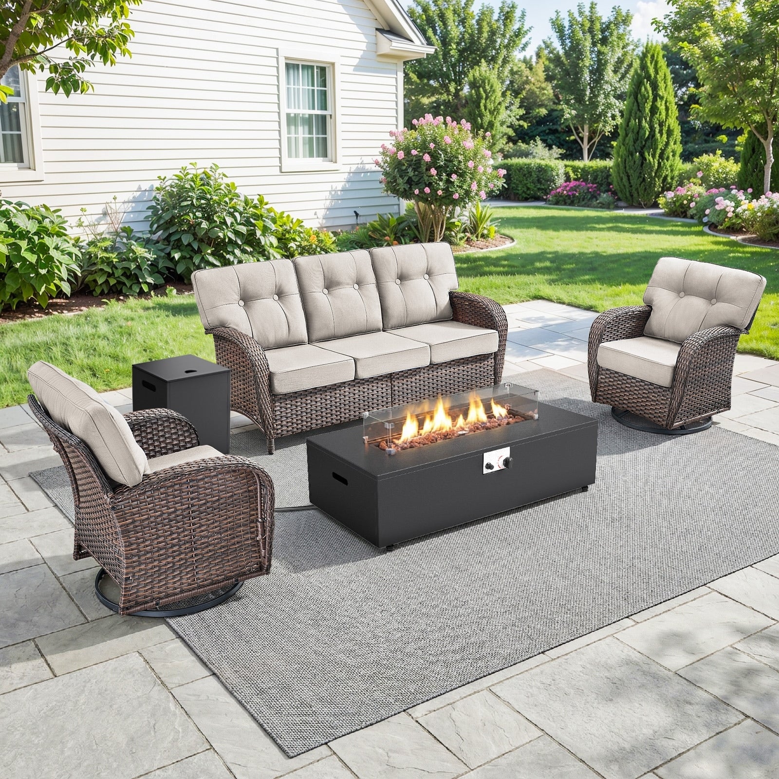 Pocassy 43 In Fire Pit W Outdoor Sofa Swivel Chair Ottoman Set