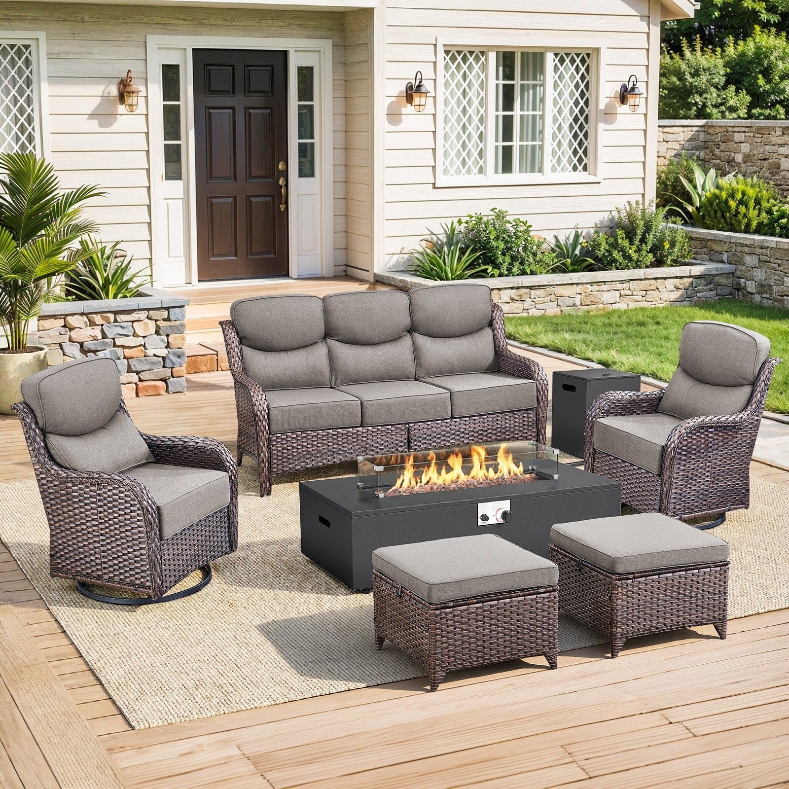 Pocassy 43 Fire Pit W Outdoor Sofa Swivel Chair Ottoman Set