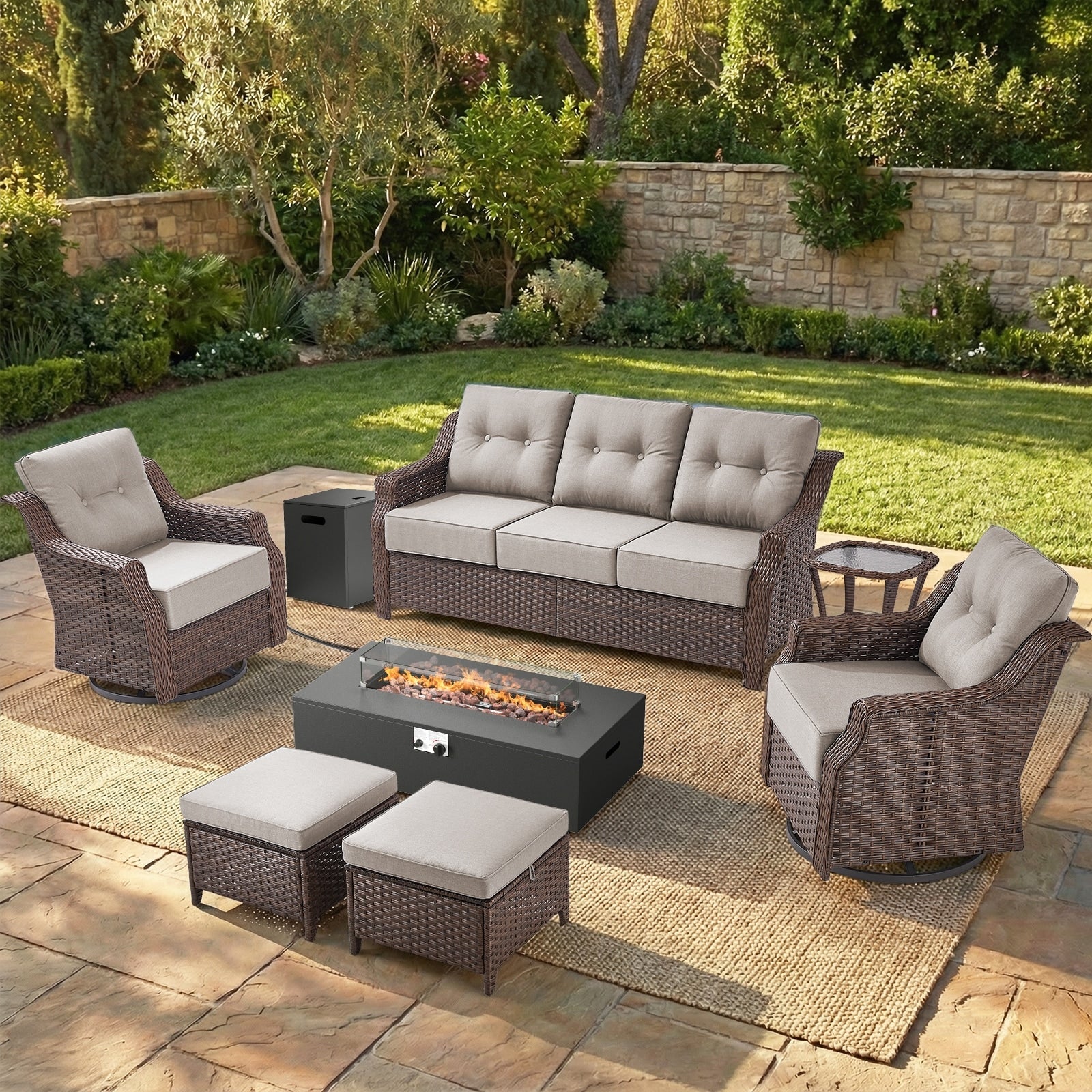 Pocassy 5 7Pcs Sofa Swivel Chair Ottoman With Fire Pit Table