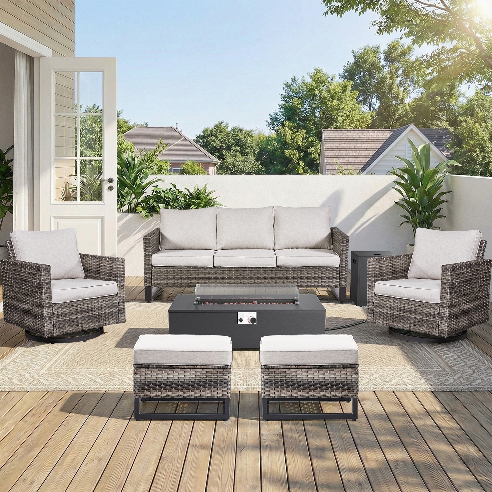 Pocassy 7 Piece Patio Sofa Swivel Chair Ottoman With Fire Table