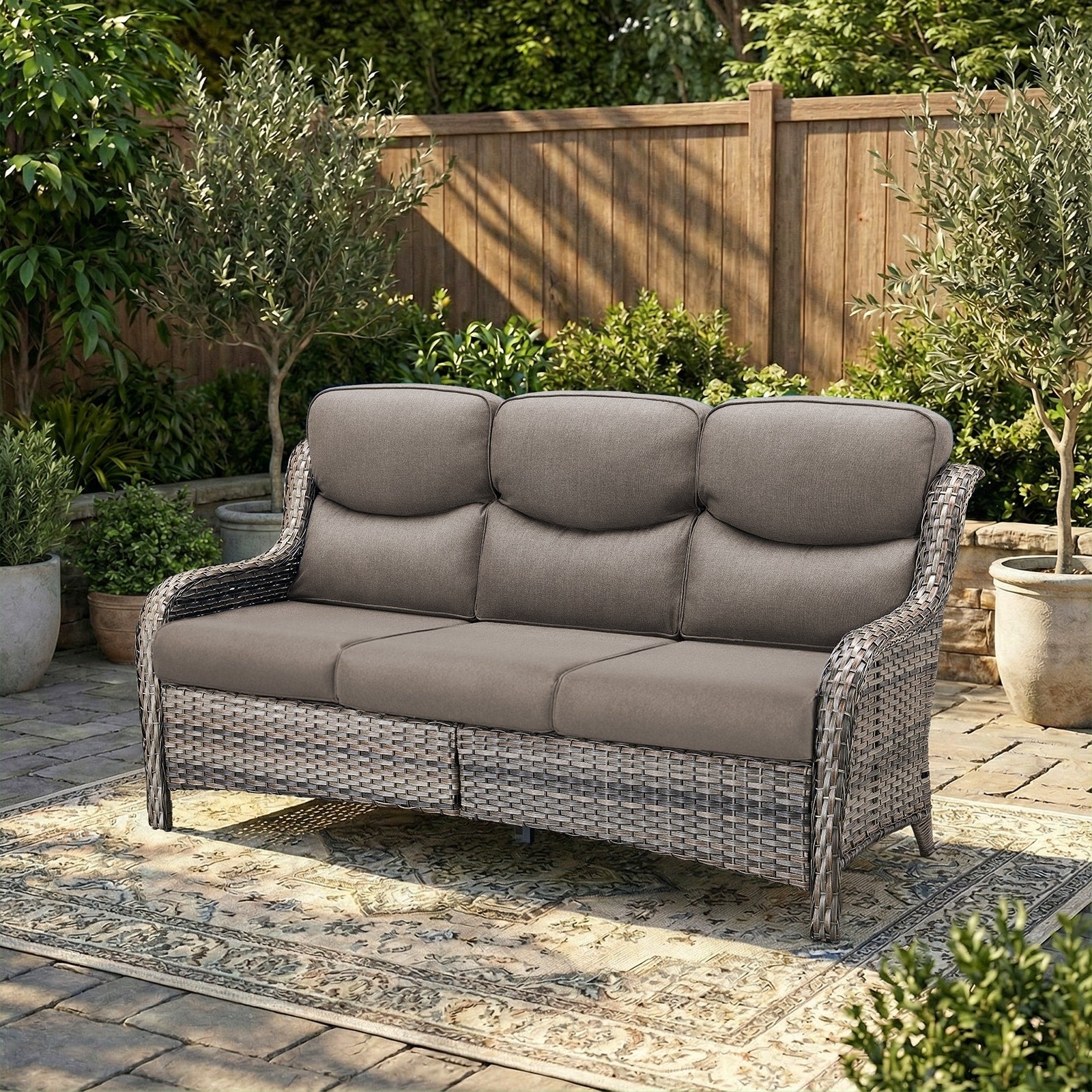 Pocassy Outdoor 3 Seat Sofa With 5 In Thick Cushion Patio Wicker Sofa