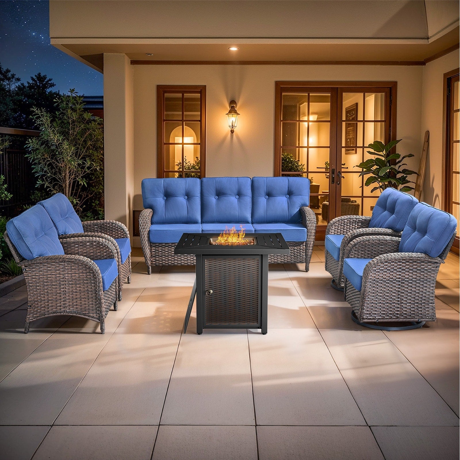 Pocassy Outdoor 30 In Fire Table With Sofa Swivel Patio Chair Set