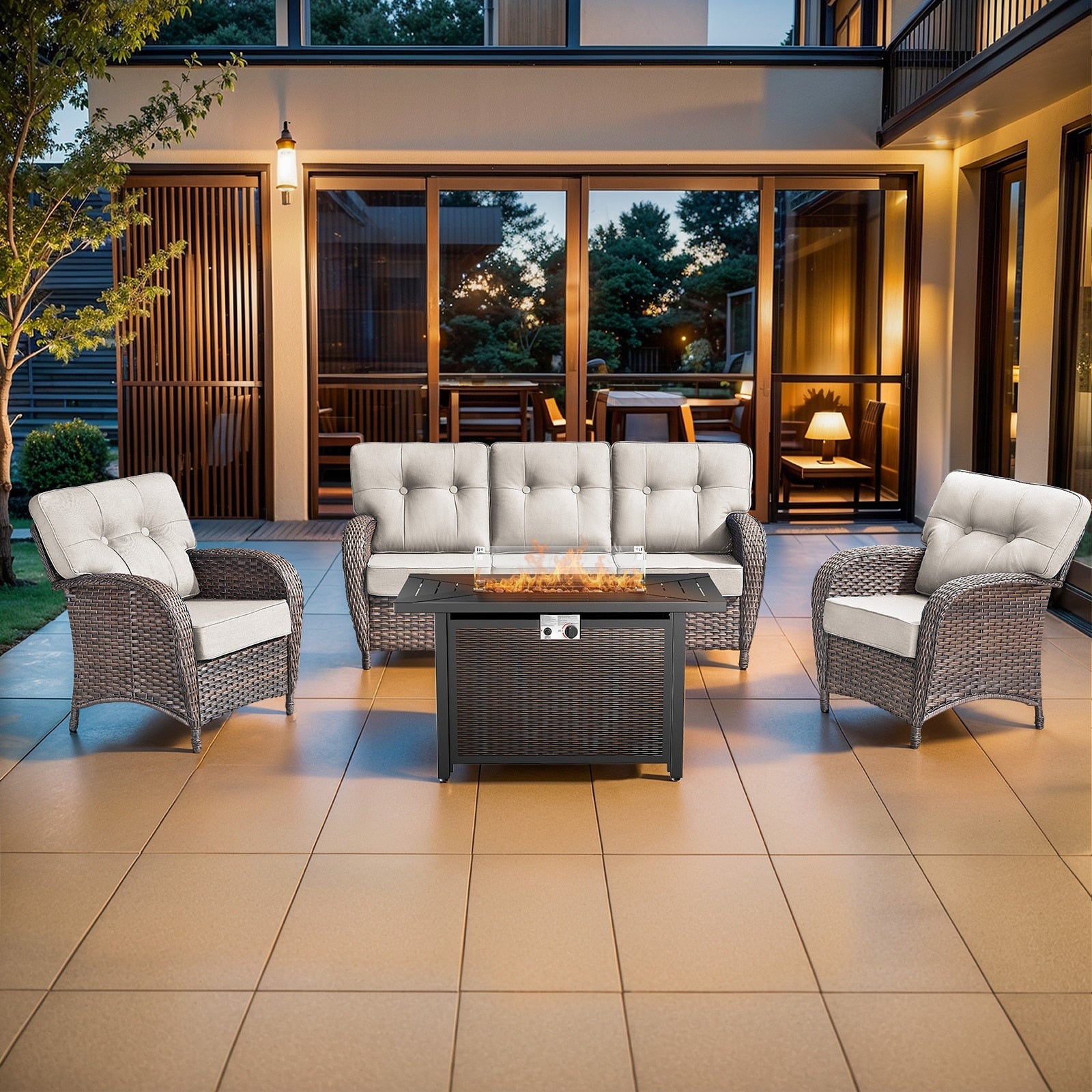 Pocassy Outdoor 43 In Fire Table With Sofa Patio Swivel Chair Set