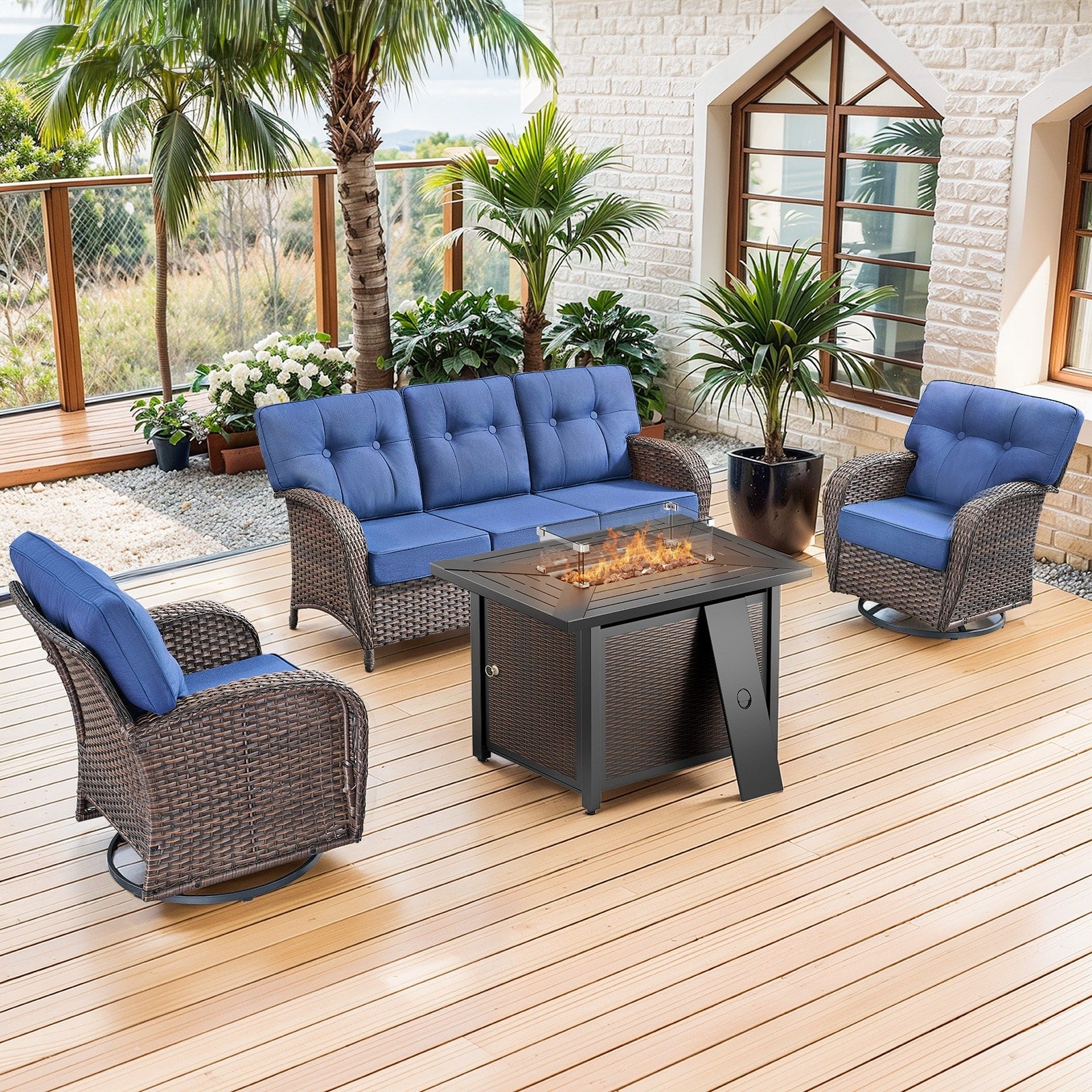 Pocassy Outdoor 43 In Fire Table With Sofa Swivel Chair Set