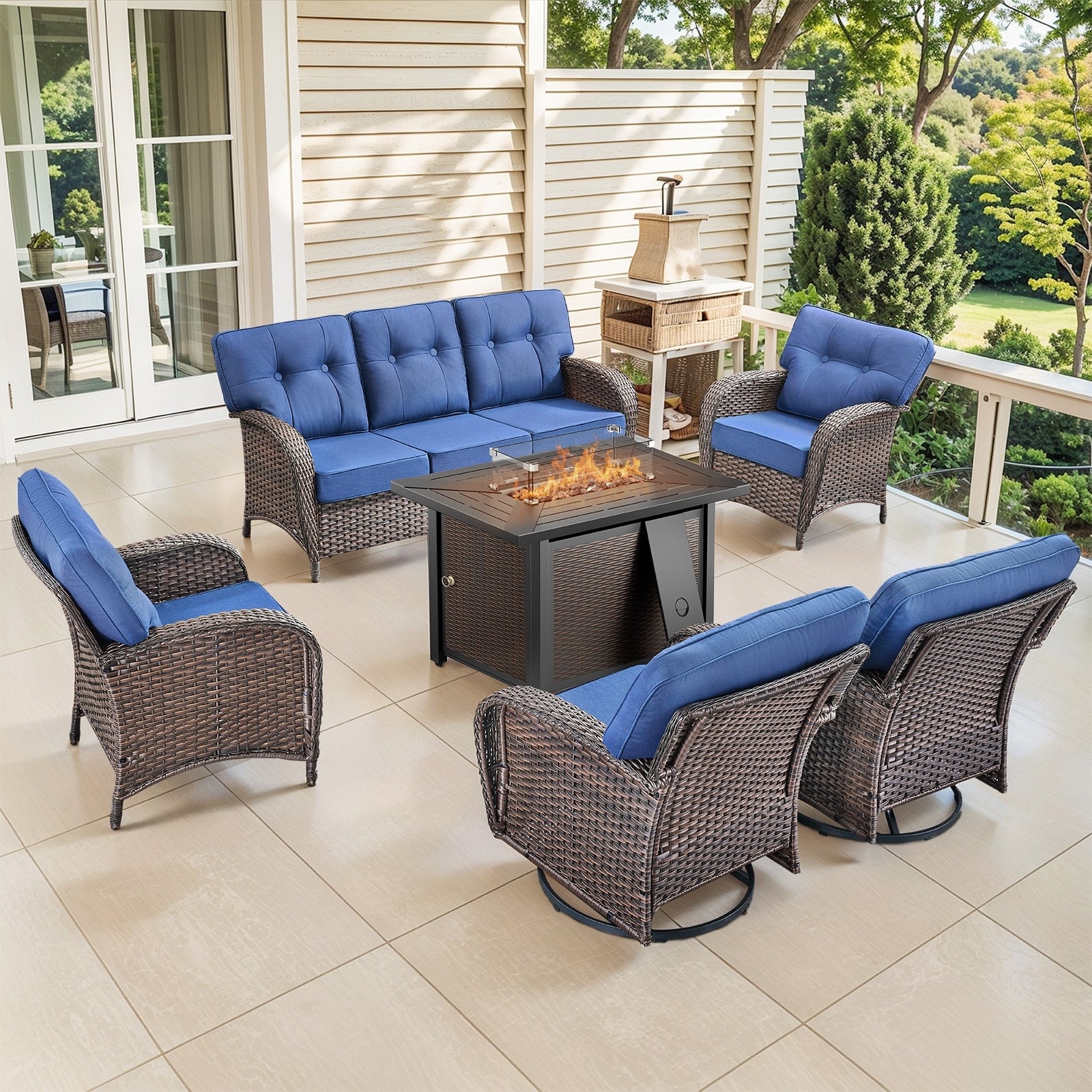 Pocassy Outdoor 43 In Fire Table With Sofa Swivel Patio Chair Set