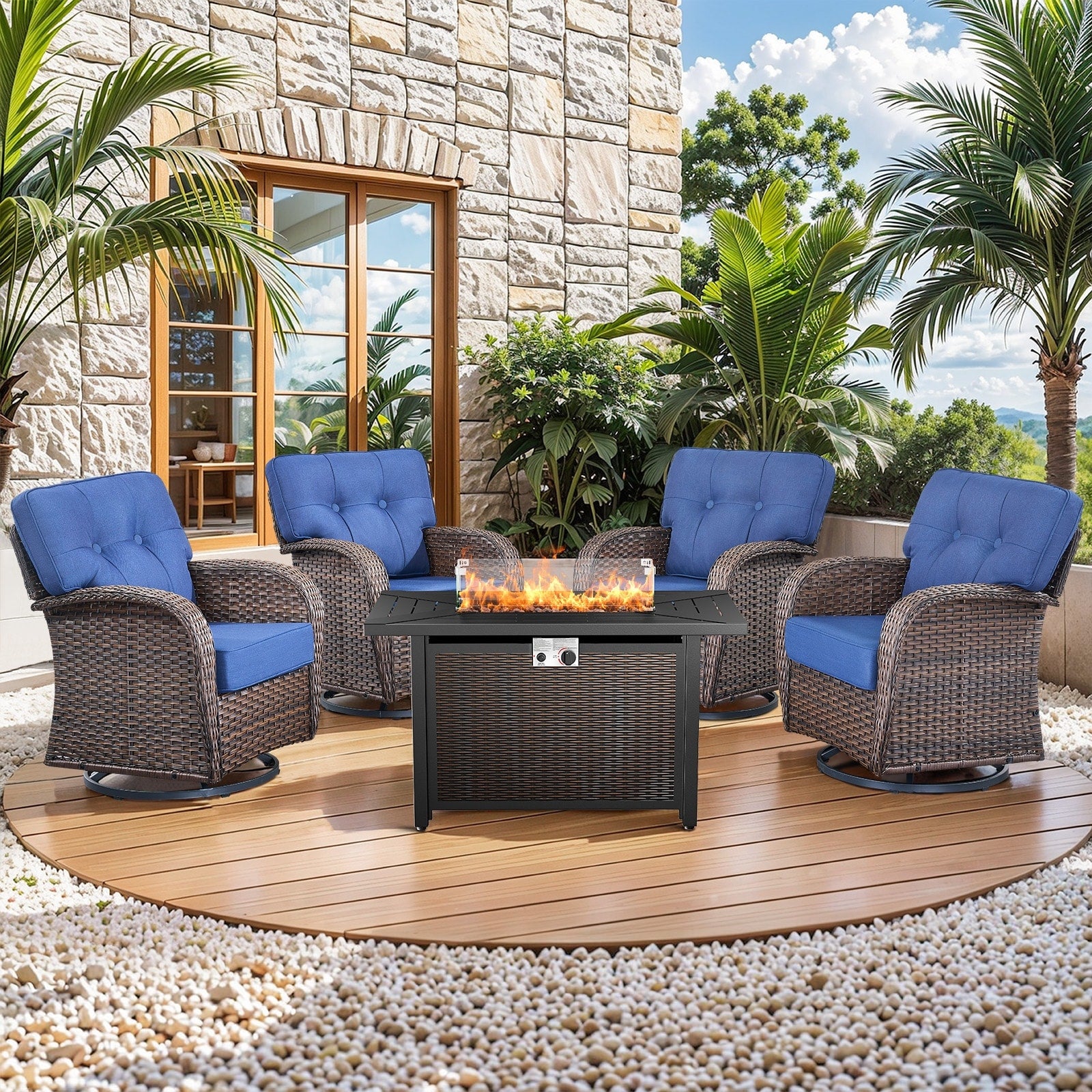 Pocassy Outdoor 43 In Fire Table With Swivel Chair Set