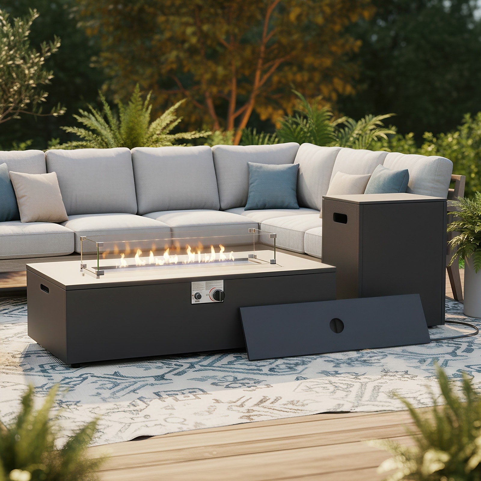 Pocassy Outdoor 43 In Propane Fire Pit Table Set With Tank Holder