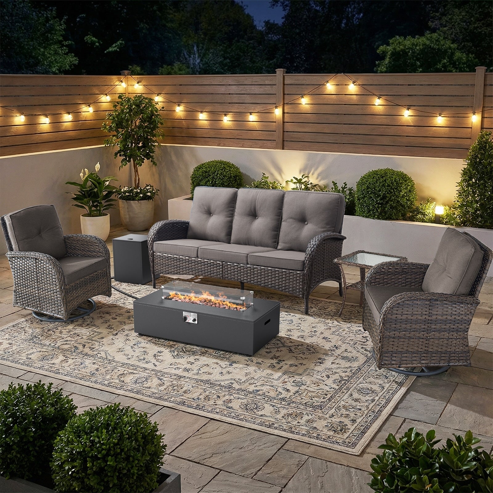 Pocassy Outdoor 5 Piece Sofa Swivel Chair With Fire Pit Table