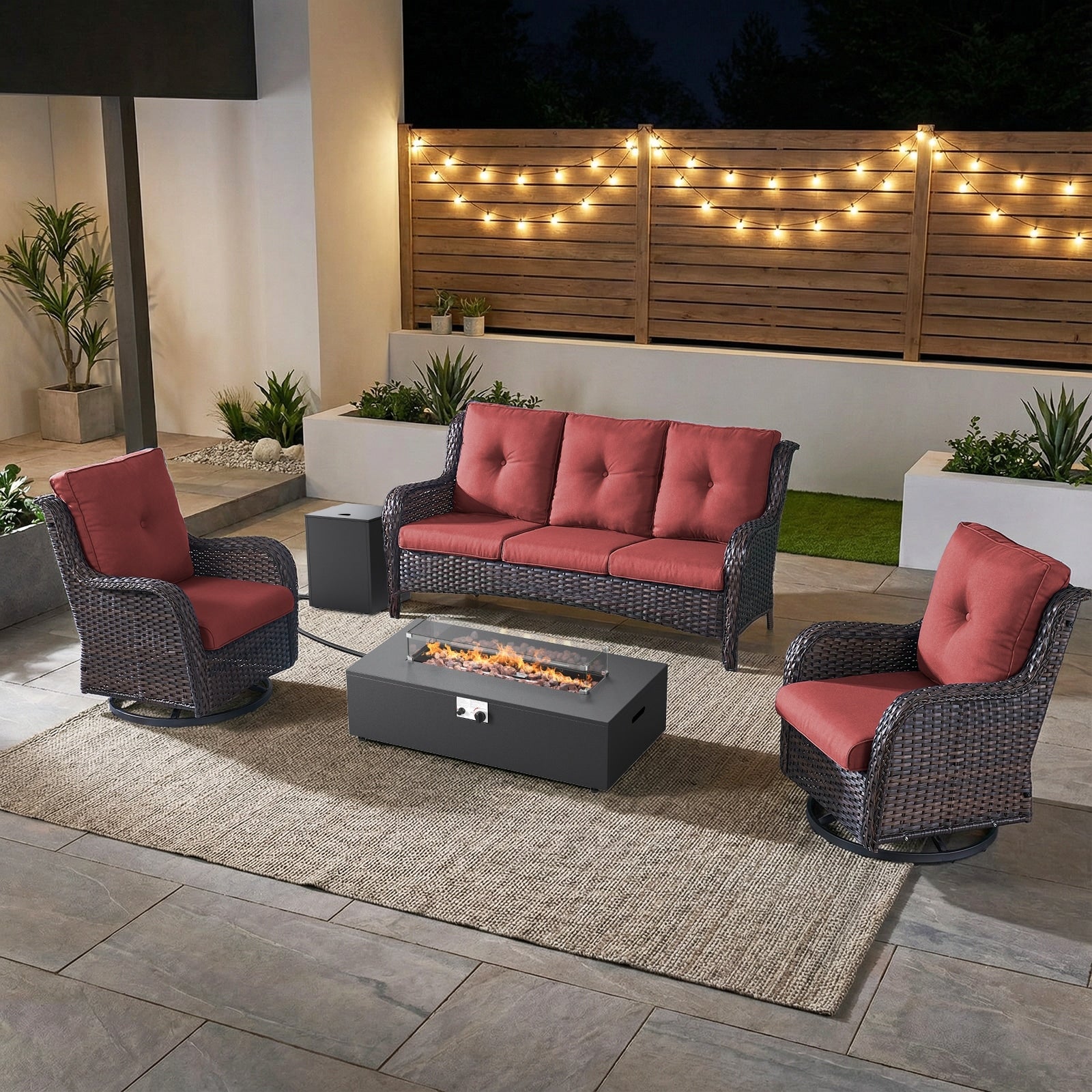 Pocassy Outdoor 5 Pieces Sofa Swivel Chair With Fire Pit Table
