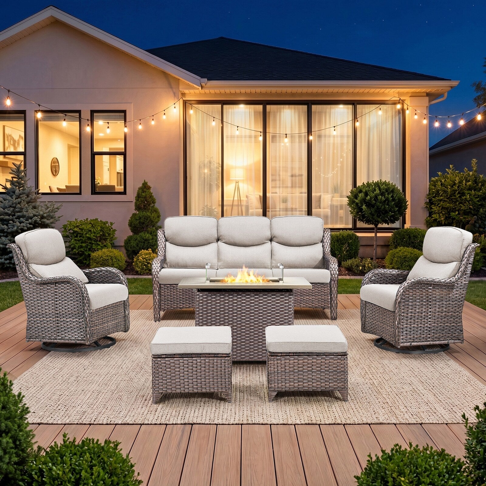 Pocassy Outdoor 5 In Sofa Swivel Chair With Fire Pit Table Set