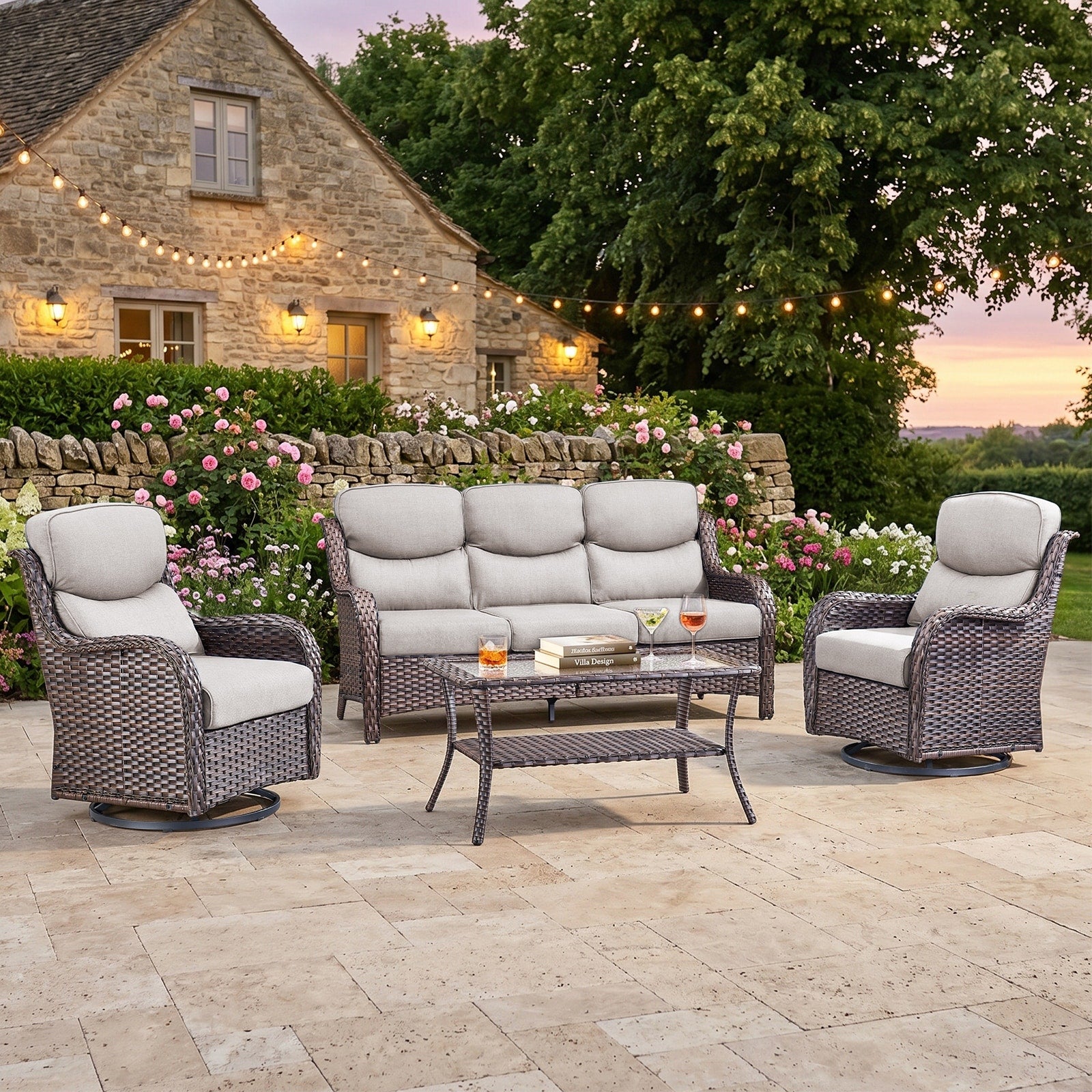 Pocassy Outdoor 5 Sofa Swivel Chair With Coffee Table Set