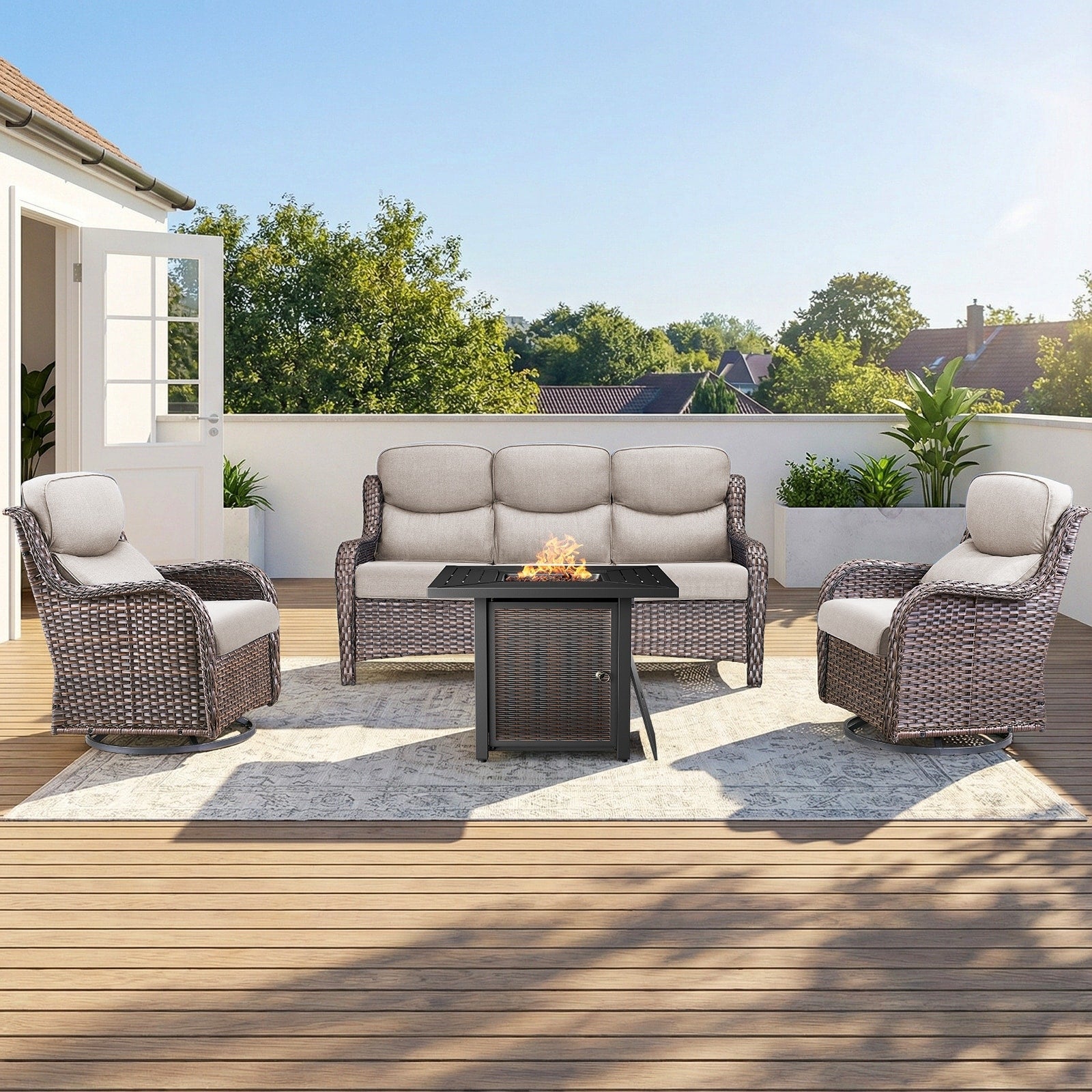 Pocassy Outdoor 5 Sofa With Swivel Chair Fire Pit Table Set
